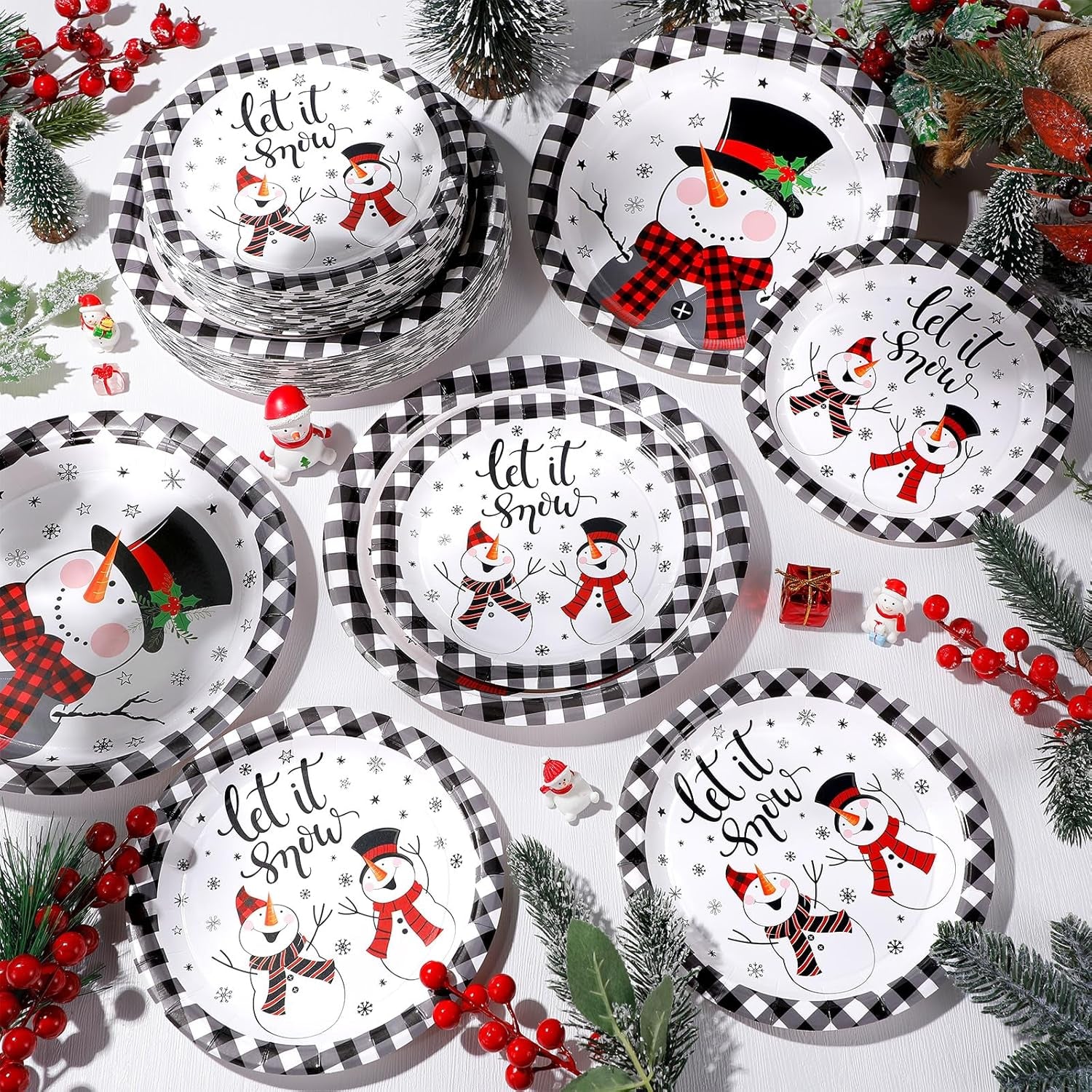 100 Pack Christmas Paper Plates 9" & 7" Snowman Winter Gingham Disposable Dessert Plates for Holiday Xmas Party Supplies(Round,Red and White)