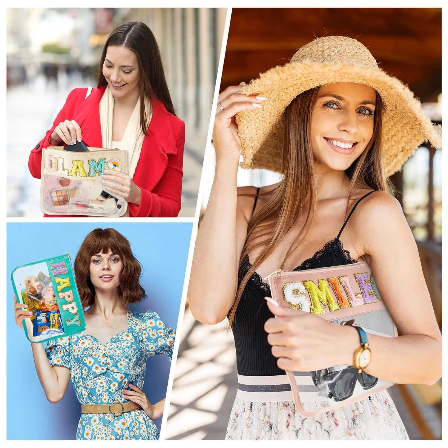 3 Pcs Chenille Letter Zipper Pouch for Travel Clear Snack Bags Waterproof Cosmetic Pouch Nylon Gym Beach Multipurpose Makeup Bag for Women Girl(Happy, Glam, Smile,Bright Color)