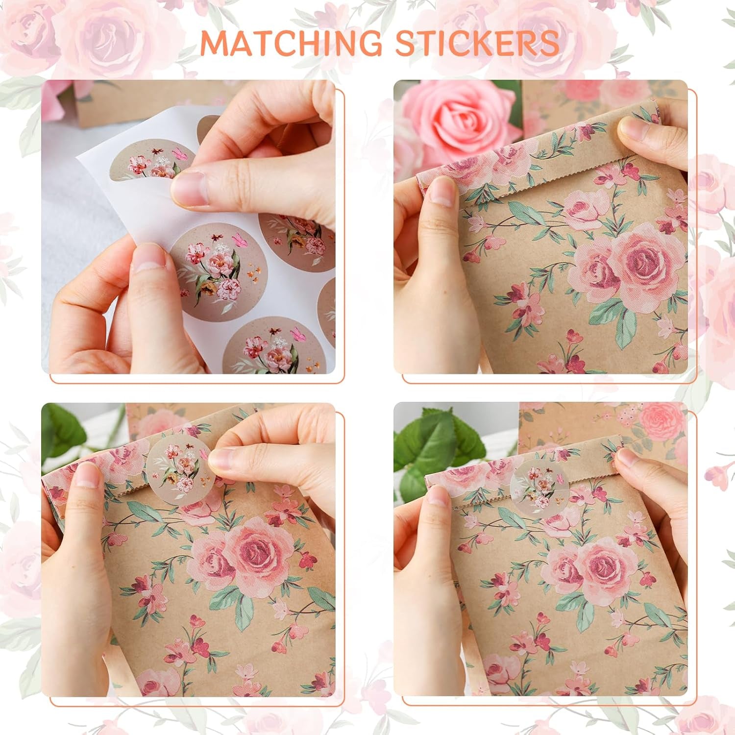 24 Pack Party Favor Bags, 4.7X3.1X8.7 Inch Small Gift Bags with Stickers Floral Party Favor Treat for Birthday Baby Shower Wedding Gift Packaging Supplies