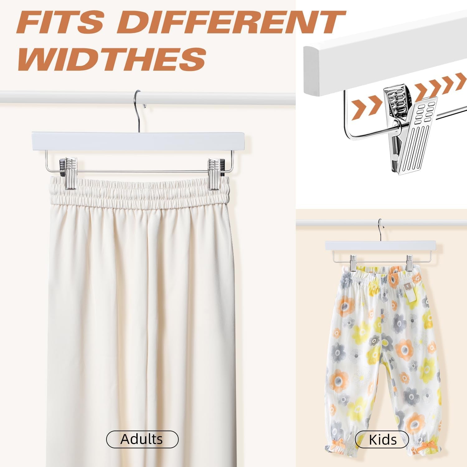 10 Pack Wooden Pants Hangers with Adjustable Clips, 360°Swivel Hook Space Saving Skirt Holders with Anti-Rust Clips for Trousers, Jeans, Shorts (White)