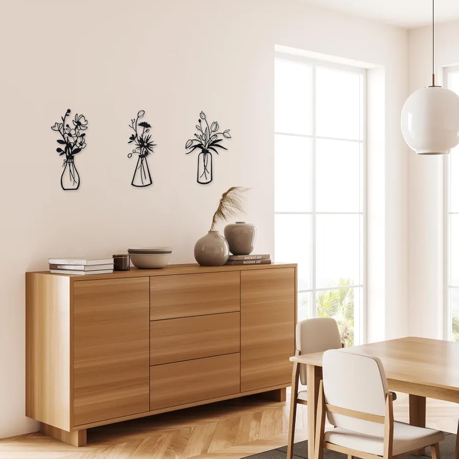 3 Pieces Black Metal Flower Wall Decor Minimalist Vases Rustic Farmhouse Hanging Art for Living Room, Dining Room, Kitchen, Bedroom, Bathroom