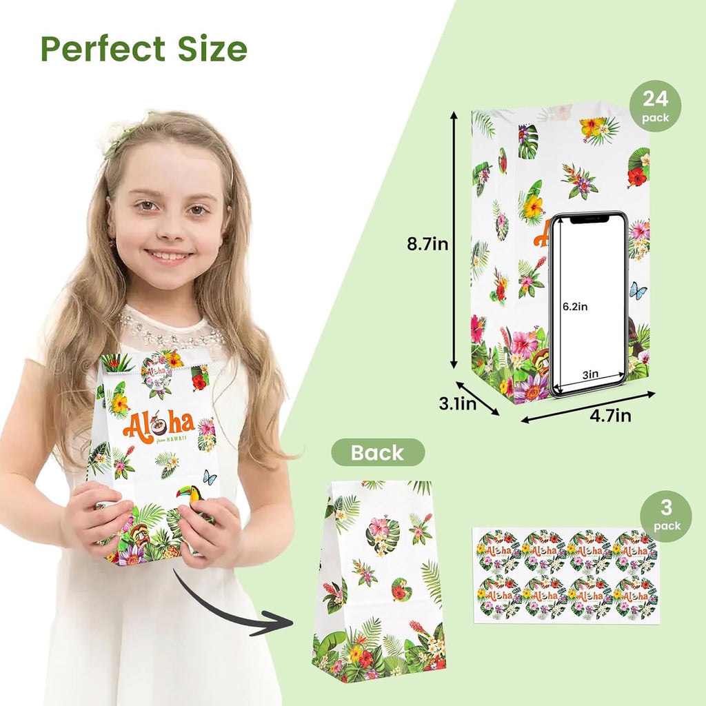 24PCS Luau Hawaii Party Favor Bags, 4.7"X3.1"X8.7" Aloha Paper Gift Bags with Stickers for Candy, Treats, Summer Tropical Hawaiian Parties
