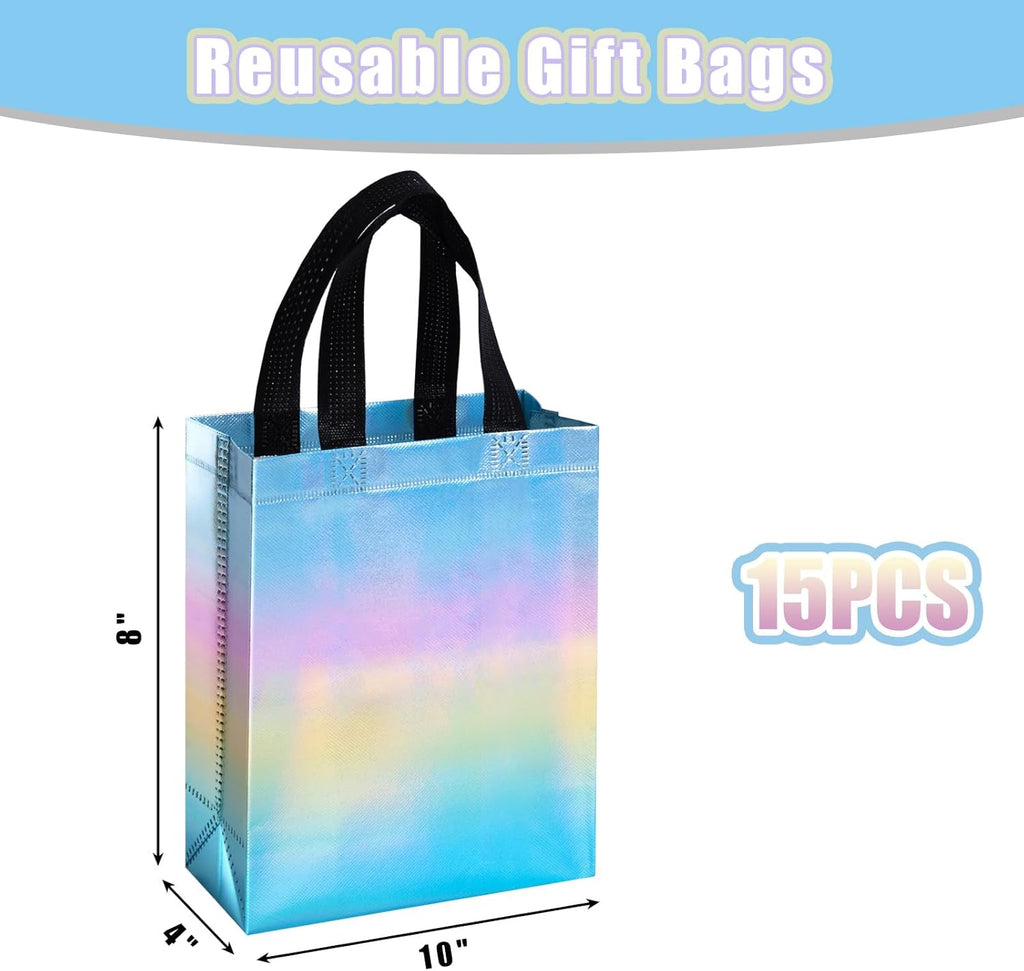 15PCS Iridescent Gift Bags with Handles, 8"X4"X10" Reusable Party Favor Bags Bulk for Christmas, Birthdays, Weddings, Goodie Treats
