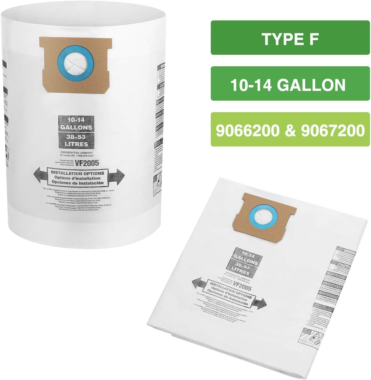 10 Pack 10-14 Gallon Vacuum Bags for Shop Vac Bags, Disposable Wet Dry Vaccum Collection Bags Replace Part Type I #90672 9067200, Type F #90662 9066200 9066233, Vf2005（White）