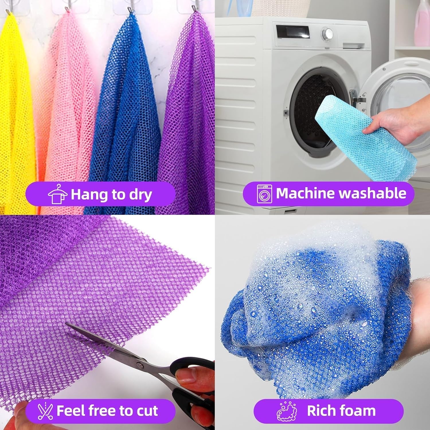 3 Pcs African Bath Sponge, Bath Sponge African Net，11.8"X31.4", Exfoliating Body Shower Scrubber, Long Back Scrubber, Daily Skin Smoother, Pink, Yellow, Purple