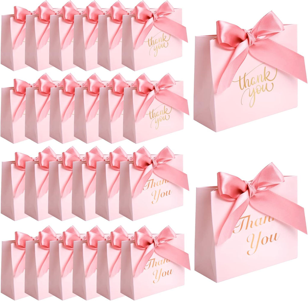 24PCS Thank You Gift Bags, 4.5X3.9X1.8Inches Mini Party Favor Bags Pink Small Candy Boxes with Ribbon Small Gift Boxes for Wedding Bridal Baby Shower Birthday Party