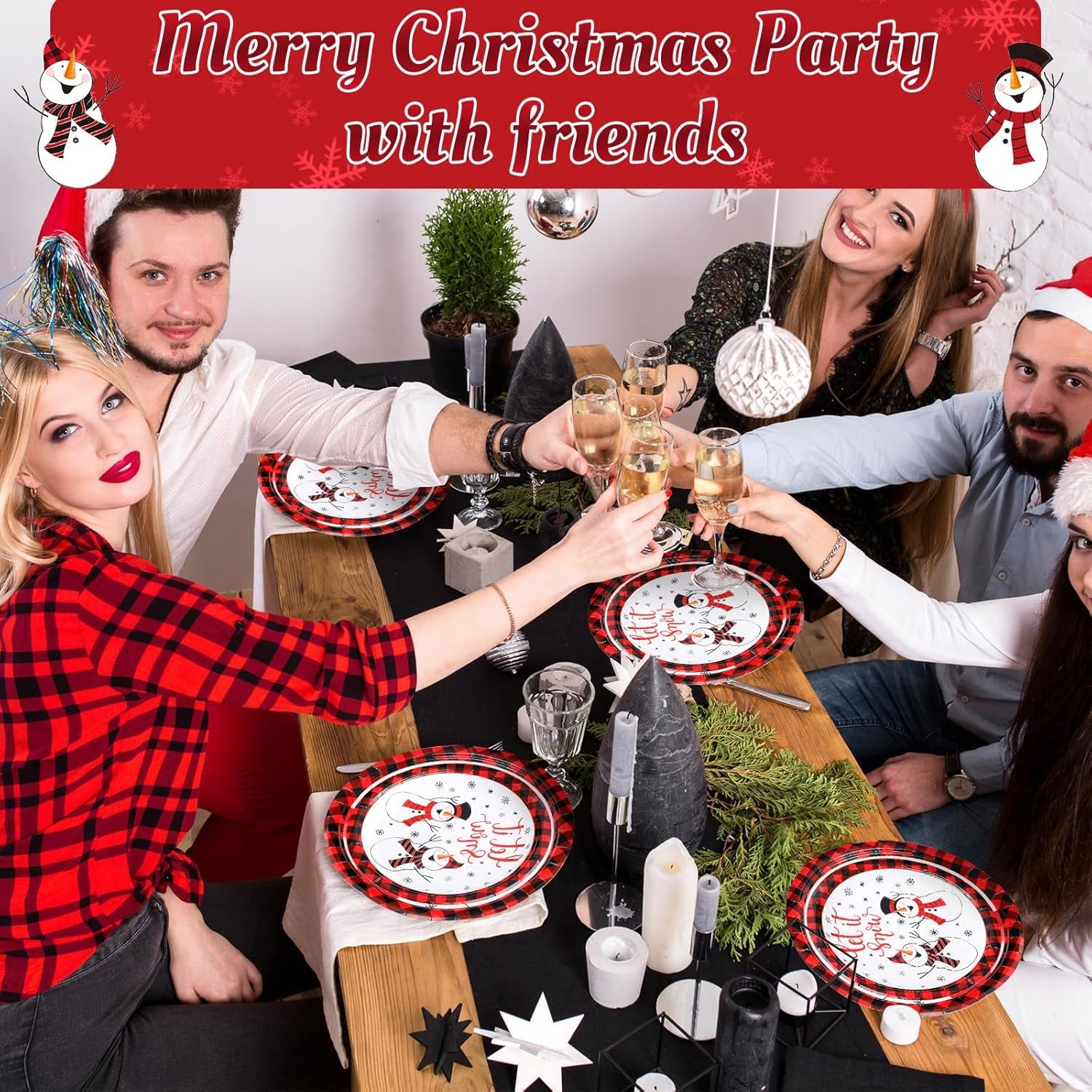 100 Pack Christmas Paper Plates 9" & 7" Snowman Winter Gingham Disposable Dessert Plates for Holiday Xmas Party Supplies(Round,Black and White)