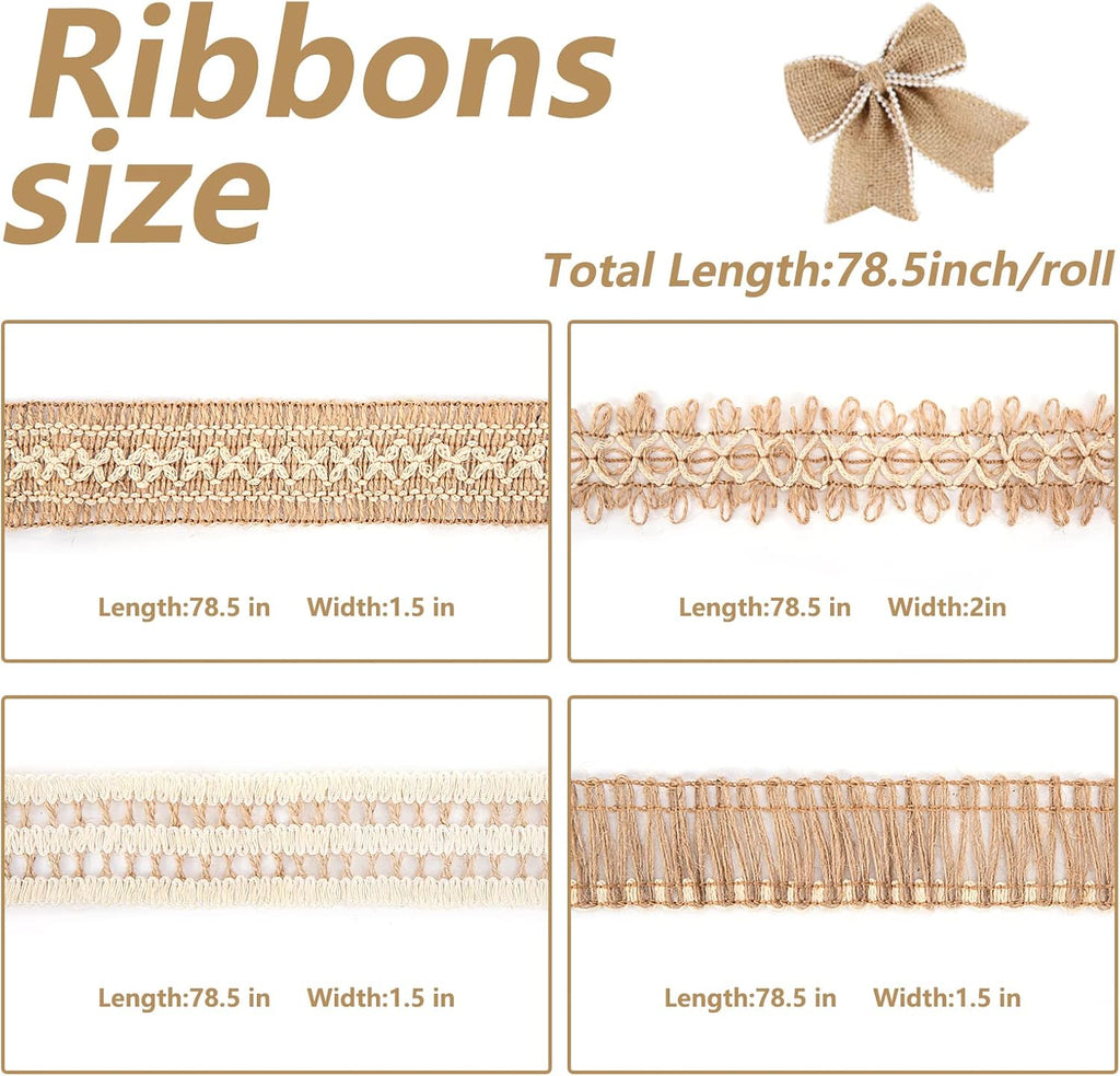 16 PCS Natural Burlap Flowers Set, Including 12 PCS Handmade Lace Burlap Flowers and Bowknots, 4 Rolls Burlap Ribbon for Christmas Birthday Party Wedding Home Embellishment DIY Crafts