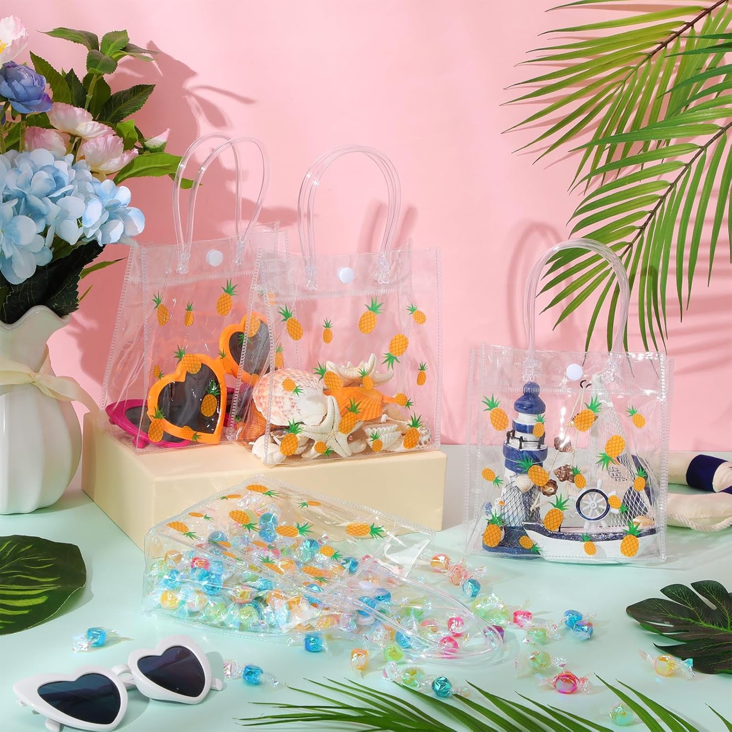 24 Pcs Pineapple Gift Bags Plastic Clear Hawaiian Treat Tote Bags with Handles Waterproof Portable Luau Party Favor for Summer Beach Tropical Party Birthday, 5.9 X 2.7 X 6.3 Inch