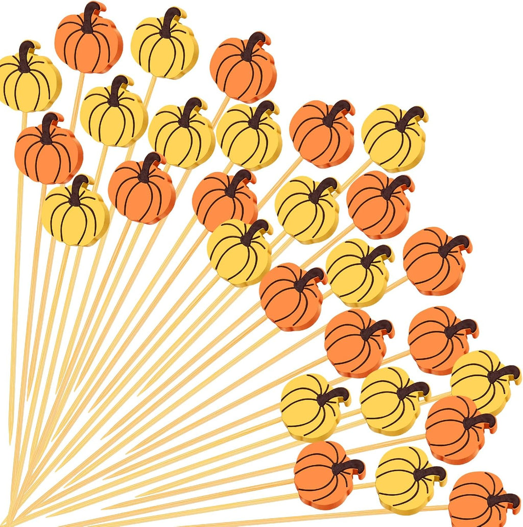 100 Thanksgiving Cocktail Picks, Pumpkin Fall Toothpicks for Appetizers Charcuterie Boards Accessories, 4.7 in Bamboo Skewers Fruit Drinks Food Sticks, Thanksgiving Decoration Autumn Party Supplies
