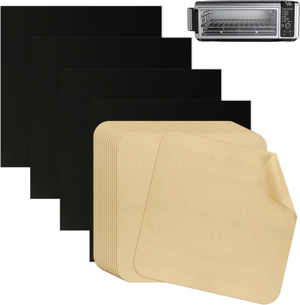 12 Inch Air Fryer Parchment Paper Squares with 4 PCS Black Non-Stick Reusable Grilling Mat for Ninja Foodi Flip SP101/SP201/SP301/SP351, Cuisinart Toaster Oven, Microwave
