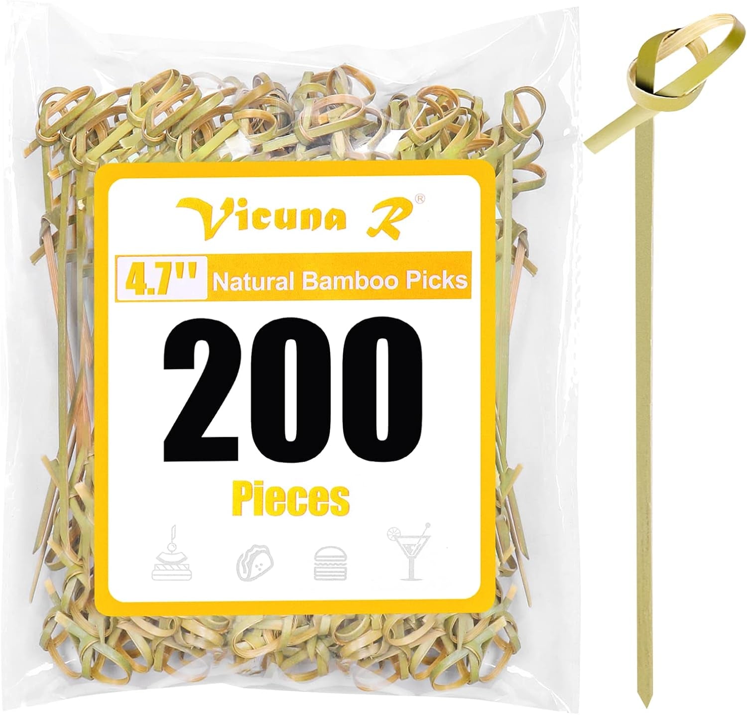200PCS Cocktail Picks Bamboo Skewers for Appetizers, Fancy Toothpicks for Appetizers, 4.7 Inch Long Decorative Knot Bamboo Cocktail Sticks for Party Drinks Food Fruit Charcuterie Boards Accessories