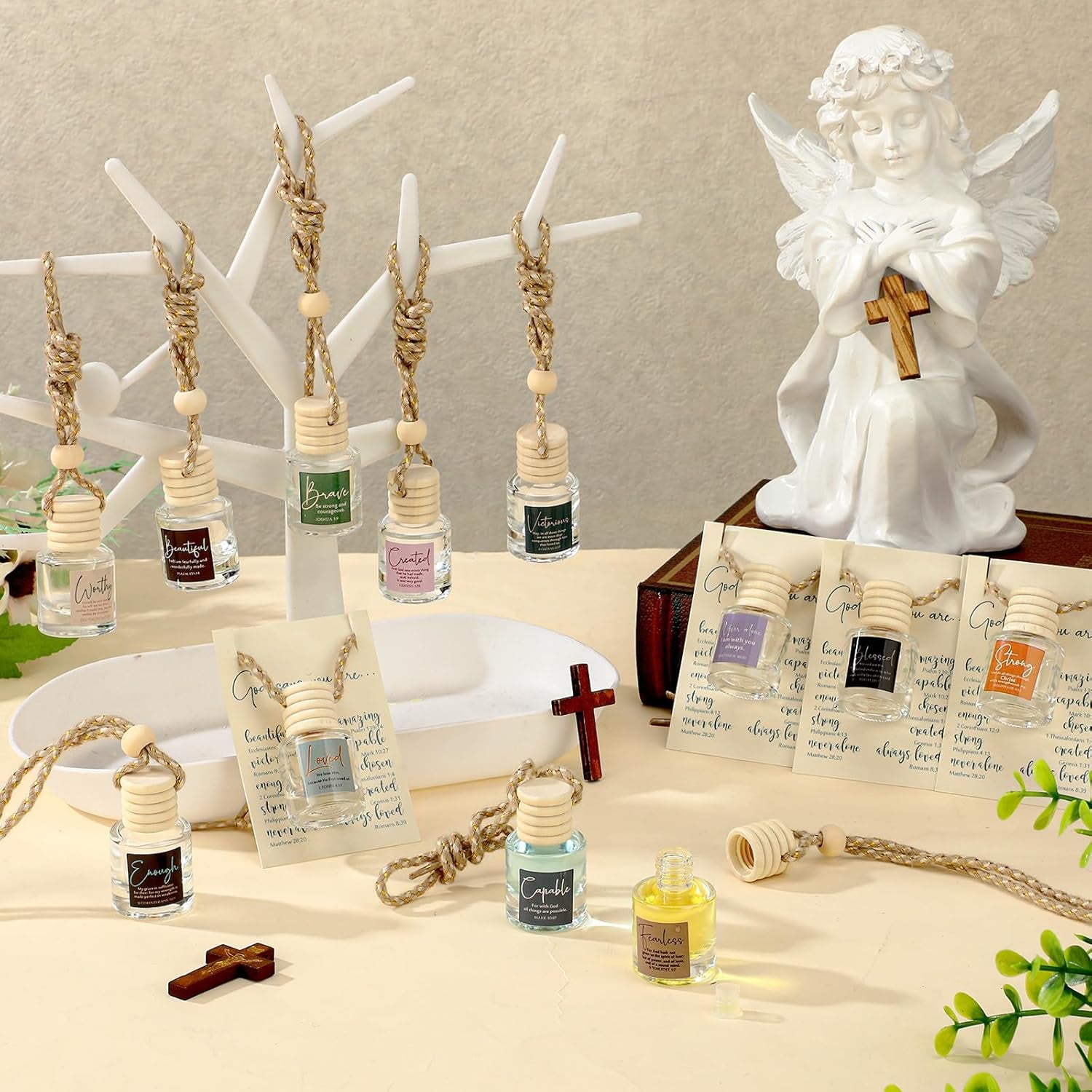 24 Set Christian Gift Bulk Church Empty Hanging Car Air Freshener Diffuser Bottles 8Ml for Essential Oils Religious Biblical Gifts Christmas Employee Favors for Women Men
