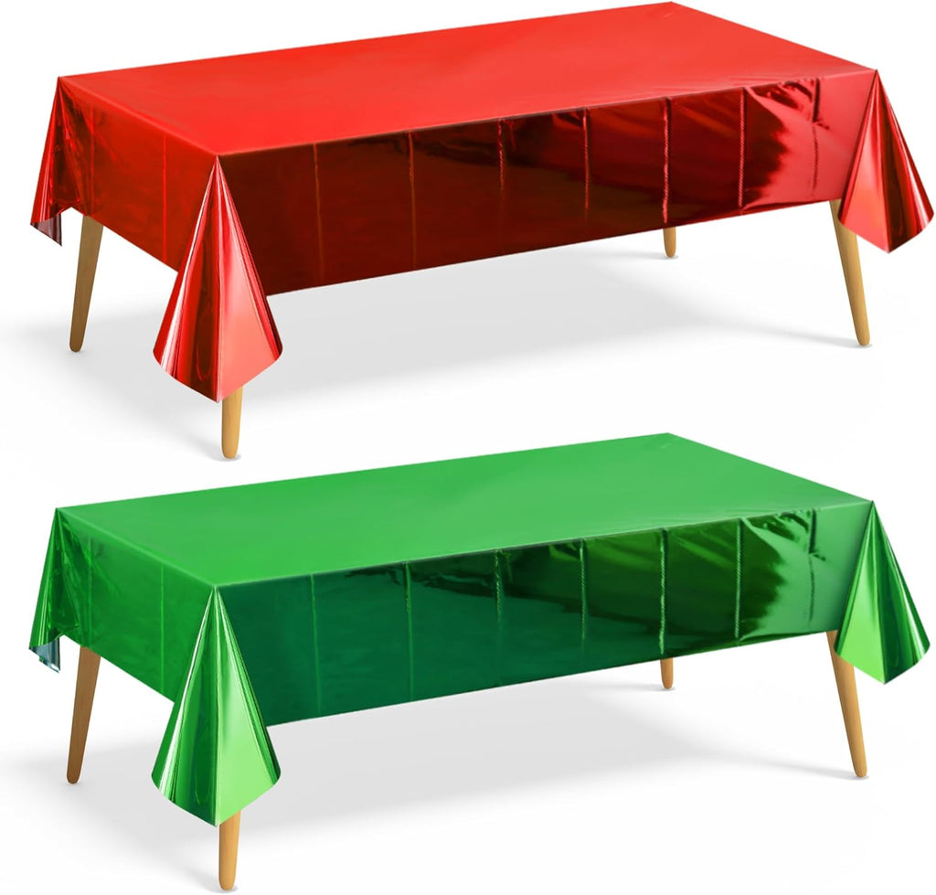 2 Pieces Red & Green Foil Tablecloth 54 * 72Inch Plastic Birthday Party Table Cloths Disposable Waterproof Table Cover for Christmas Wedding Graduation Party Supplies