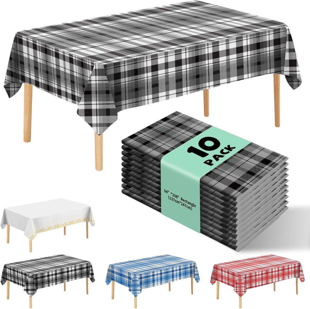 10 Pack Premium Disposable Plastic Tablecloth 54" X 108" Rectangle Table Cover for Birthdays Weddings Christmas Anniversary Buffet Table (Checkered- Black)