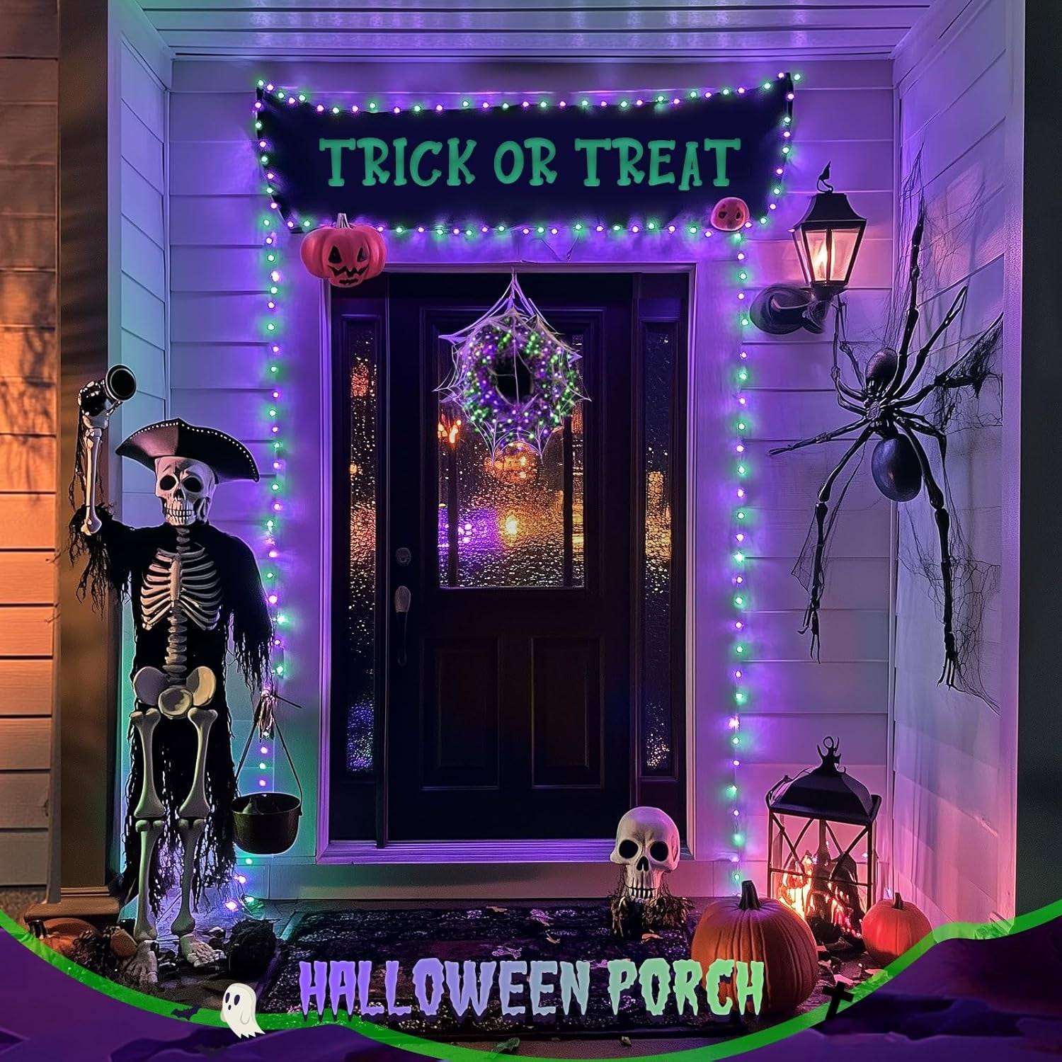 2 Pack Purple and Green Halloween Lights, Each 33FT 100 LED Solar Halloween Lights Outdoor, Waterproof Solar Fairy Light for outside Patio Yard Tree Decorations