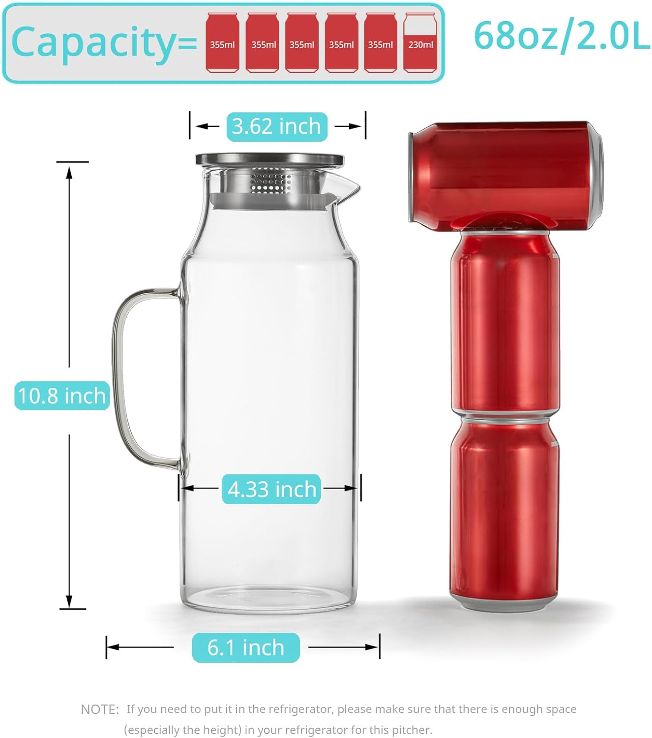 2 Liter 68 Oz Glass Pitcher with Lid and Handle, Glass Carafe for Hot/Cold Water, Large Iced Tea Pitcher for Coffee, Juice and Homemade Beverage