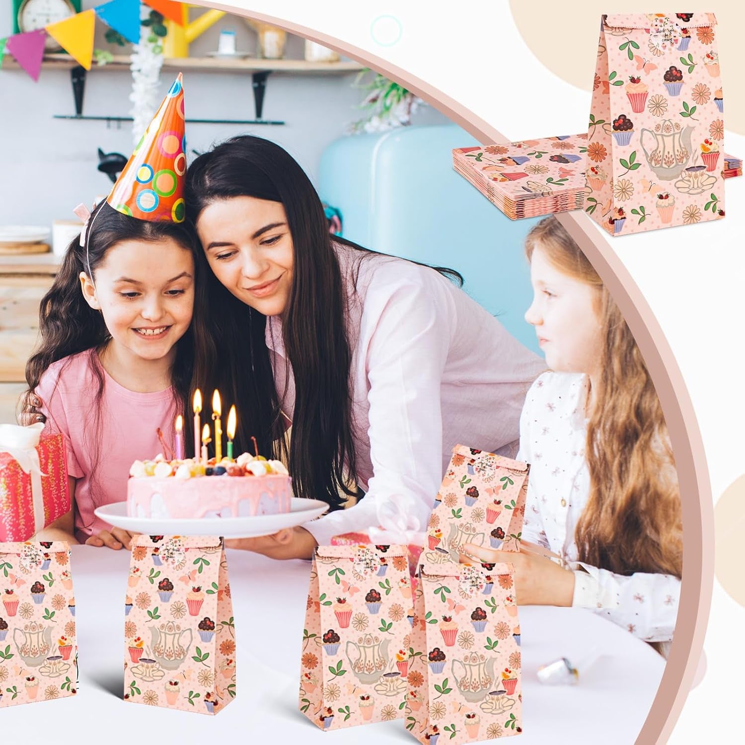 24PCS Tea Party Favor Bags, 4.7"X3.1"X8.7" Small Paper Gift Bags with Stickers for Birthday Parties, Wedding, Baby Shower, Goodie Treats