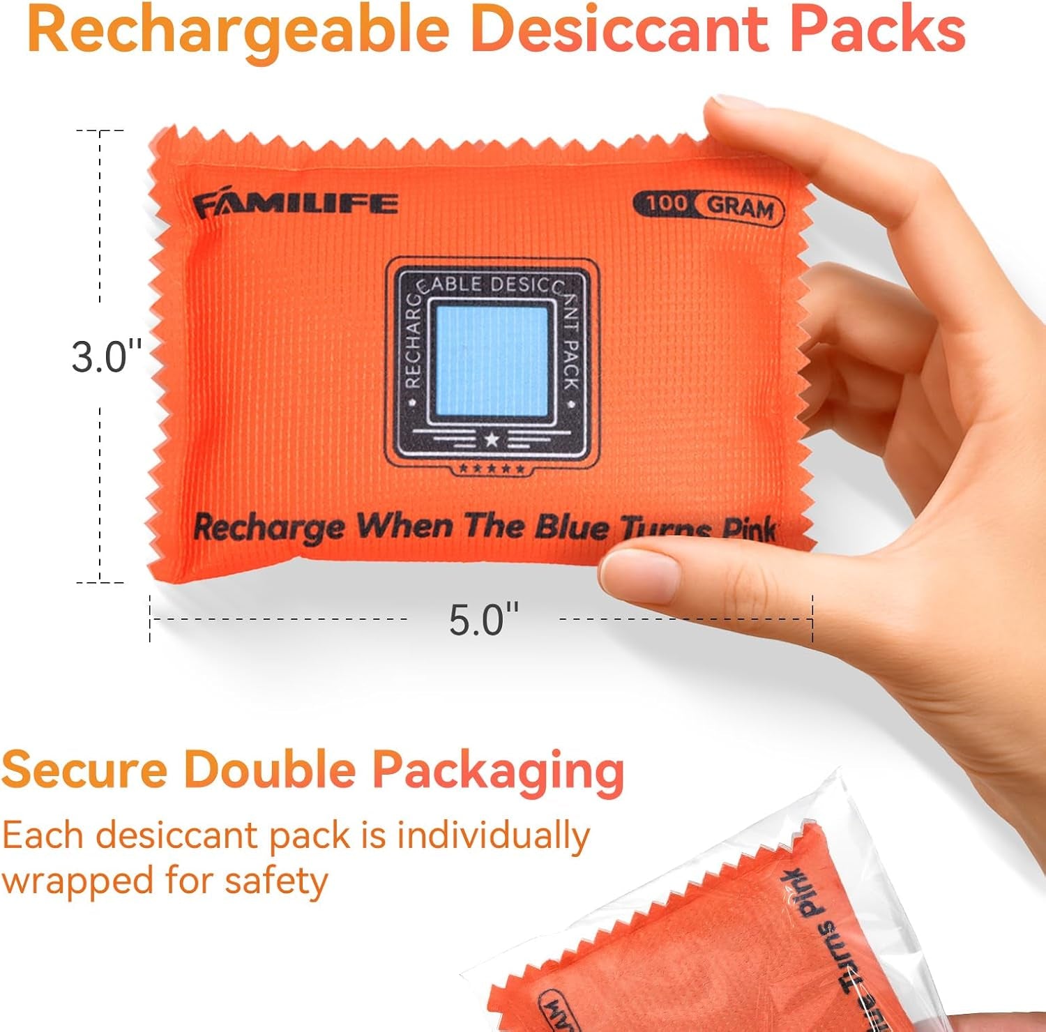 100G Rechargeable Desiccant Packs for Storage, Reusable Dehumidifier Bags Color Indicating Silica Gel Packets Portable Moisture Absorbers for Storage Bins, Car, Closet, Gun Safe, Electronics