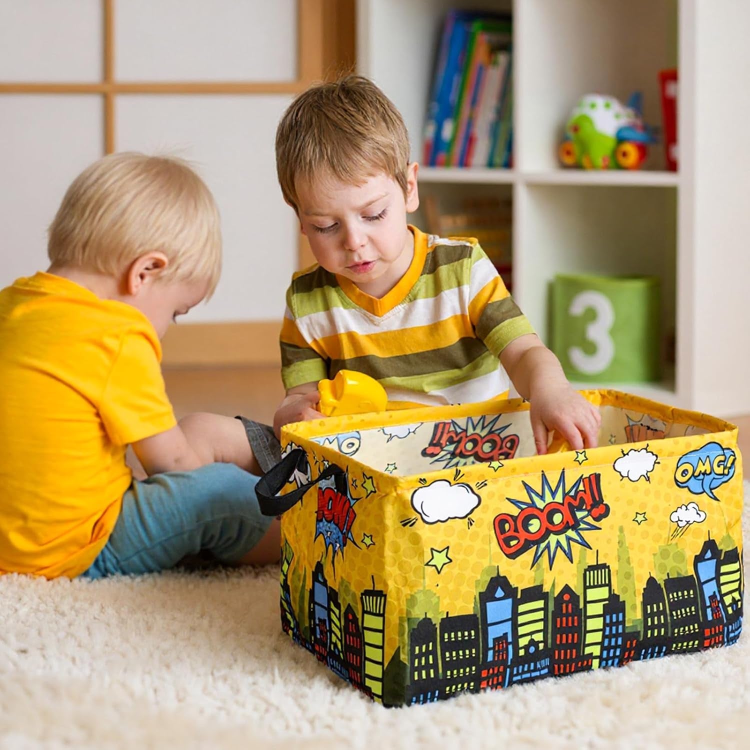 3 Pack Comic Book Storage Hero Themed Basket Large Gifts for Laundry Hamper Basket for Kids Room Nursery Collapsible Toy Clothes Storage Collection Bin(City,Rectangle)