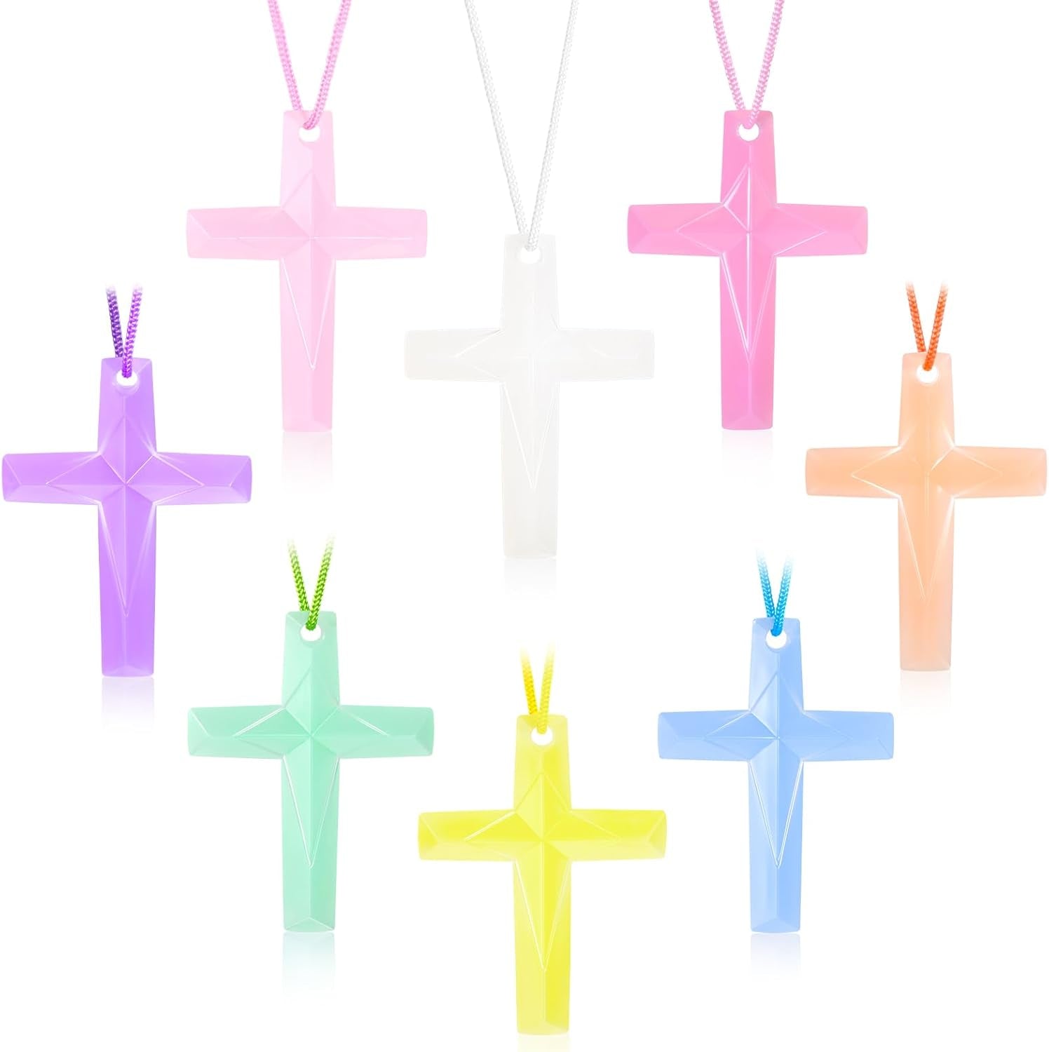 104 Pcs Crystal Cross Necklace, Plastic Cross Necklace Christian Gift Bulk Religious Party Favors Toy for Sunday School Church Easter Vacation Bible School Operation Christmas,8 Colors(Macaron Color)