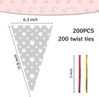 200 Pack Cone Shaped Treat Bags, 6.3X11.8 Inch Medium Transparent Cone Cello Sweet Popcorn Bags with 200 Pieces Ties for Wedding Birthday Party Favor