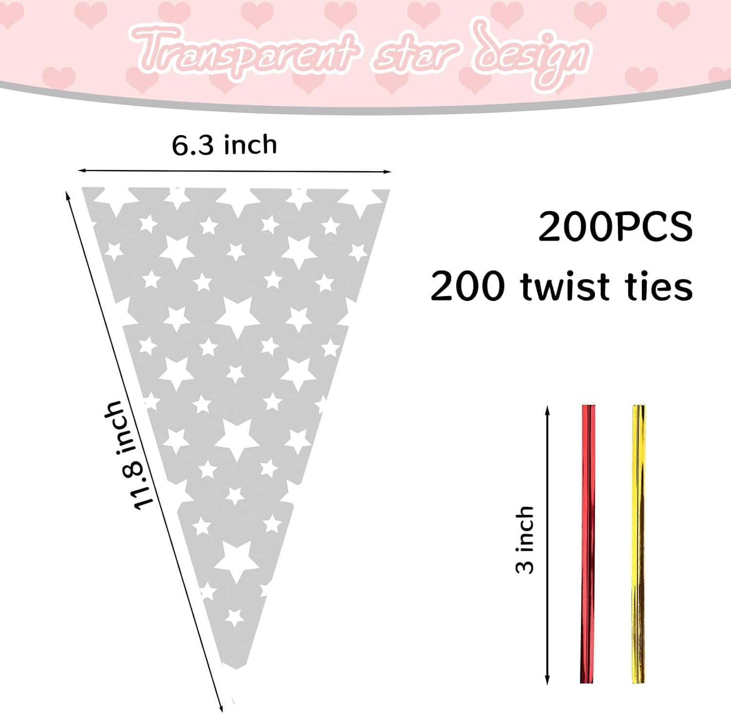 200 Pack Cone Shaped Treat Bags, 6.3X11.8 Inch Medium Transparent Cone Cello Sweet Popcorn Bags with 200 Pieces Ties for Wedding Birthday Party Favor