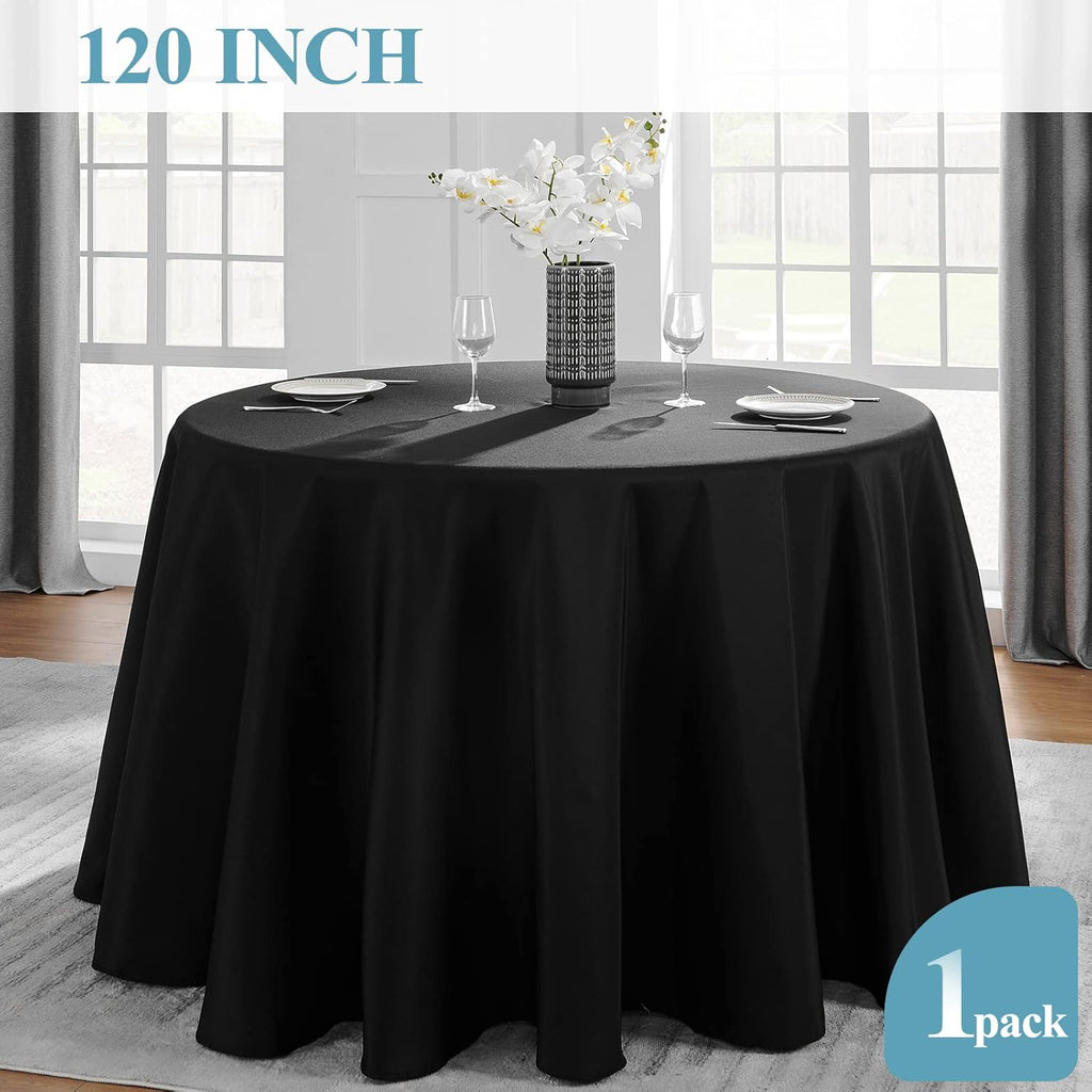 1 Pack 120Inch round Tablecloth Polyester Table Cloth, Stain Resistant and Wrinkle Polyester Dining Table Cover for Kitchen Dinning Party Wedding Rectangular Tabletop Buffet Decoration(Black)