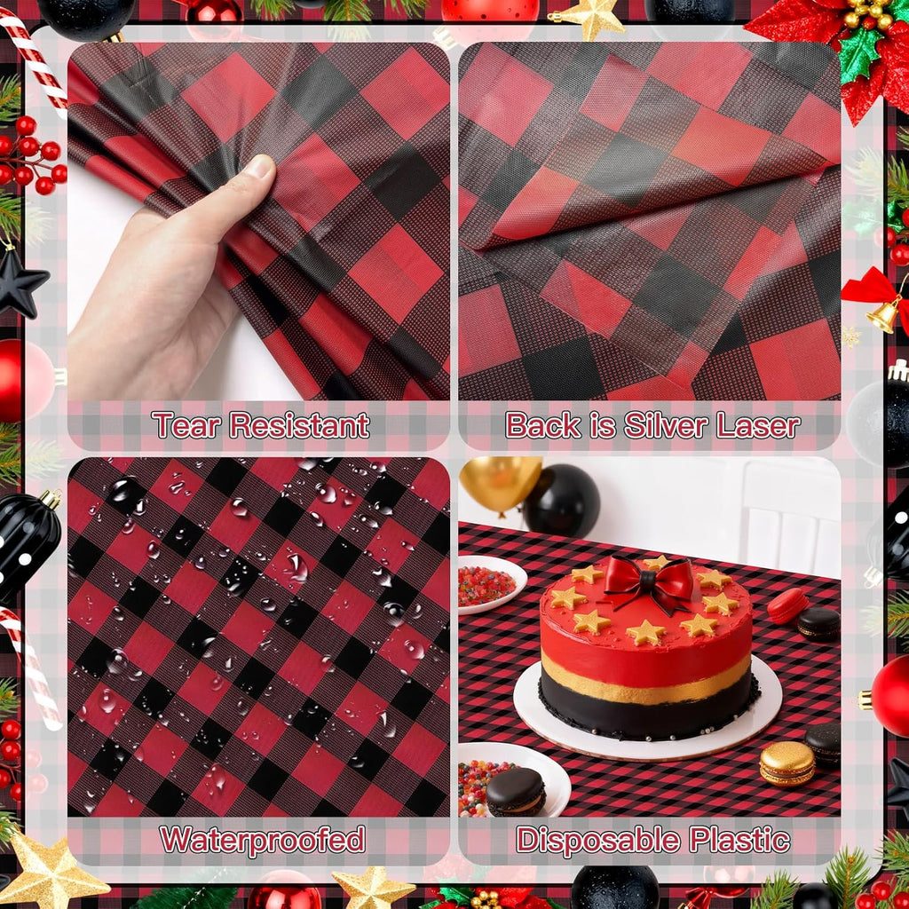 1 Pack Red Striped Gingham Tablecloths, 54 X 108 Inch Disposable Plastic Rectangle Table Covers, Waterproof Red and Black Checkered Table Cloths for Picnic, Birthday, Party, Outdoor Events