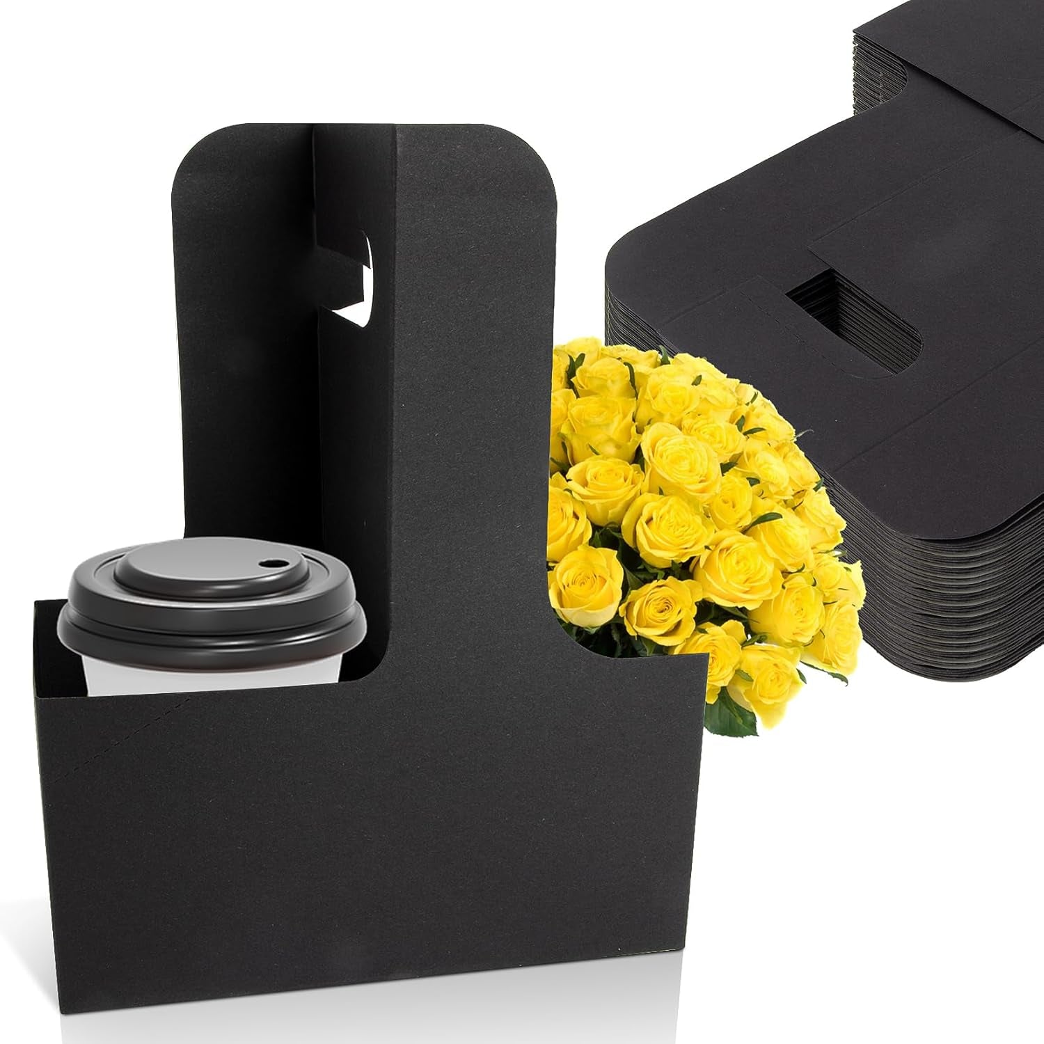 2 Cup Drink Carrier with Handle - 12Pcs Disposable Paper Cardboard Coffee Cup Holder Portable Drink Caddy Cup Carriers to Go Cup Holder Food Delivery Accessories for Hot/Cold Drinks (Black