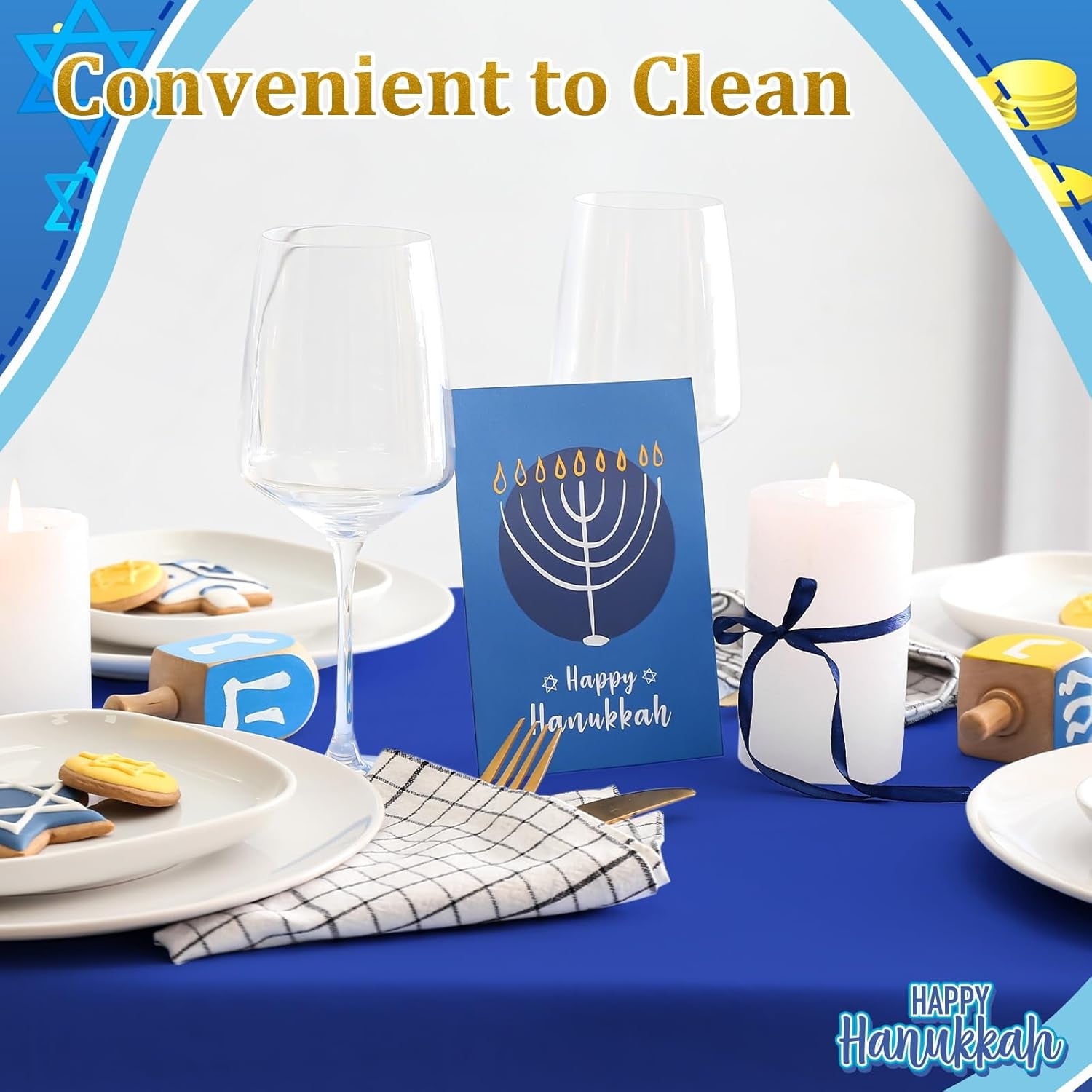 12 Pcs Plastic Hanukkah Tablecloth Blue Gold White Tablecloth Fit 54 X 108 Inch Rectangle Disposable Table Cover Holiday Decorations for Party Favor