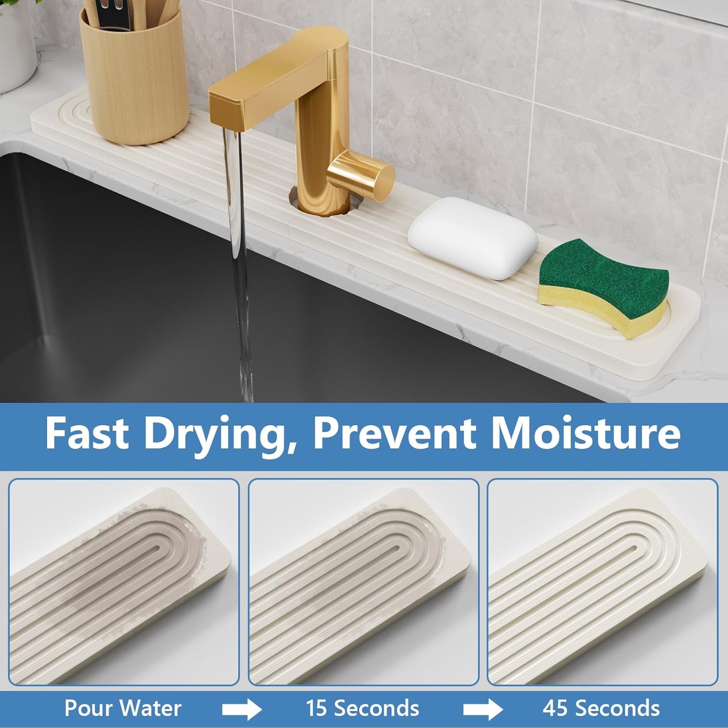 24'' Longer Faucet Mat for Kitchen Sink [Diatomite Stone Super Fast Drying] Stone Faucet Mat for Kitchen Sink Splash Guard Sink Stone Quick Dry around Faucet Stone Drying Mat Bathroom Quick Drying Mat