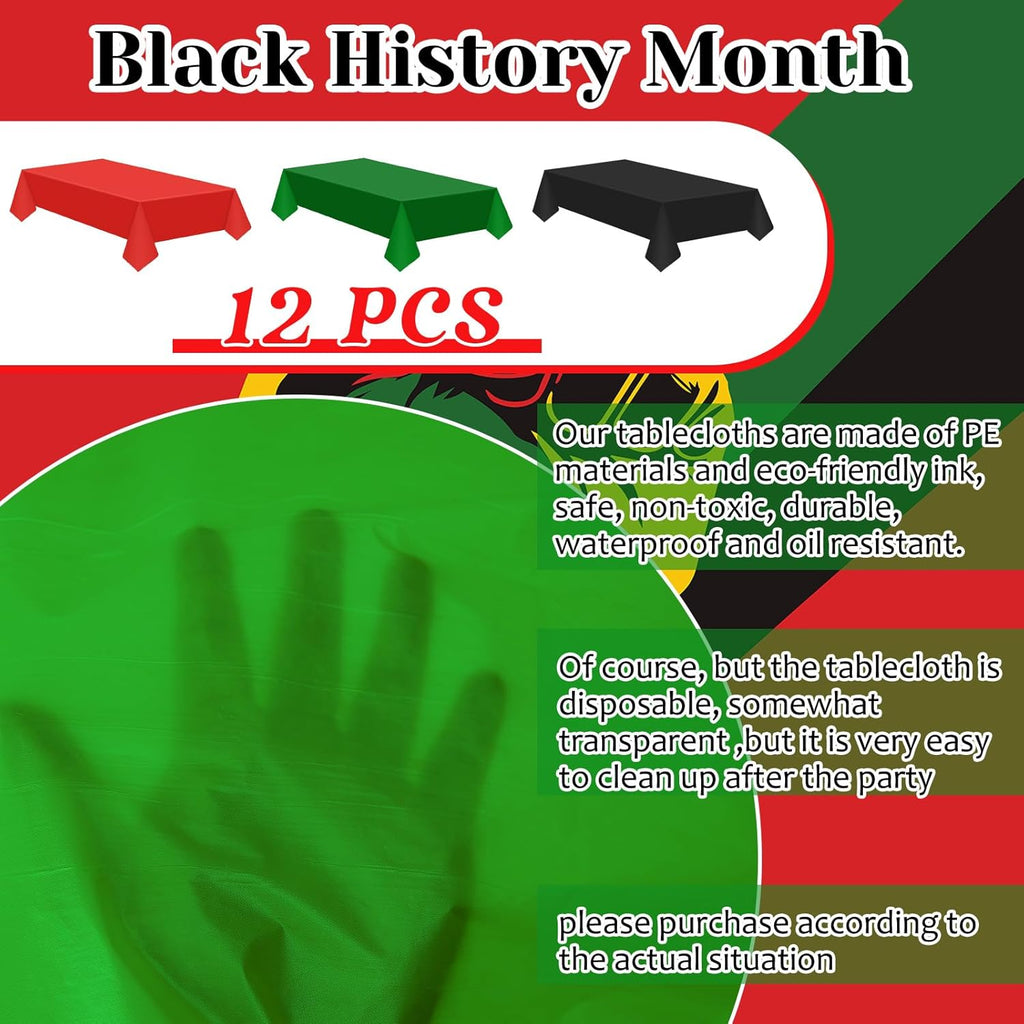 12 Pcs Juneteenth Tablecloth Disposable Red Black Green Plastic Table Cover for June 19Th African Afro American Independence Day Black History Month Festival Party Decorations, 108 X 54 Inch