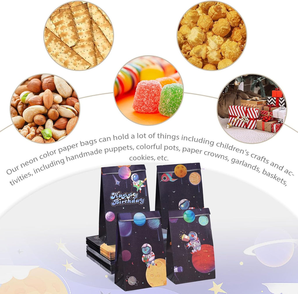 24 Pack Party Favor Bags with Stickers, 4.7" X 3.1" X 8.7" Outer Space Theme Goodie Treat Bags Bulk for Kids Birthday School Events Gift Packaging Supplies