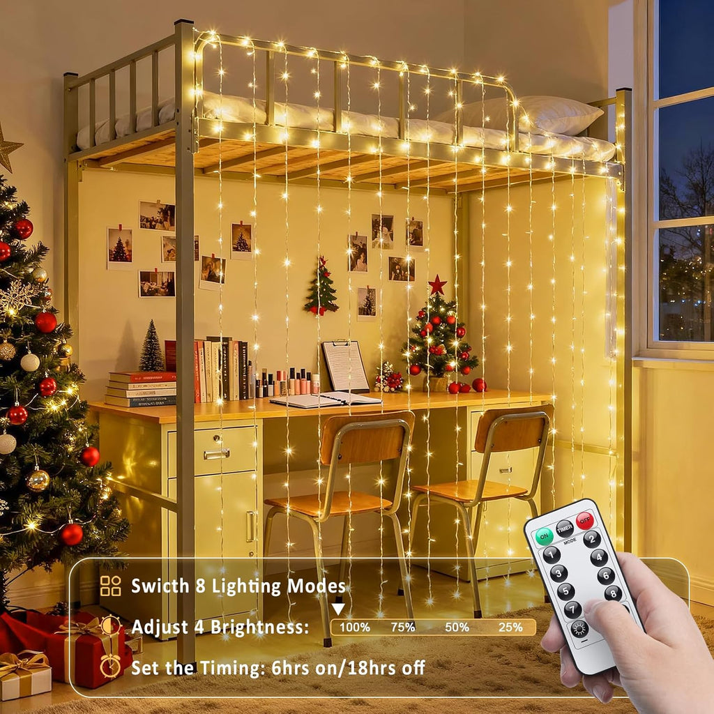 200 LED Christmas Curtain Lights for Bedroom, Warm White Hanging Curtain String Lights Indoor, USB Plug in Christmas Twinkle Lights with Remote for Wall Backdrop Wedding Party Decor
