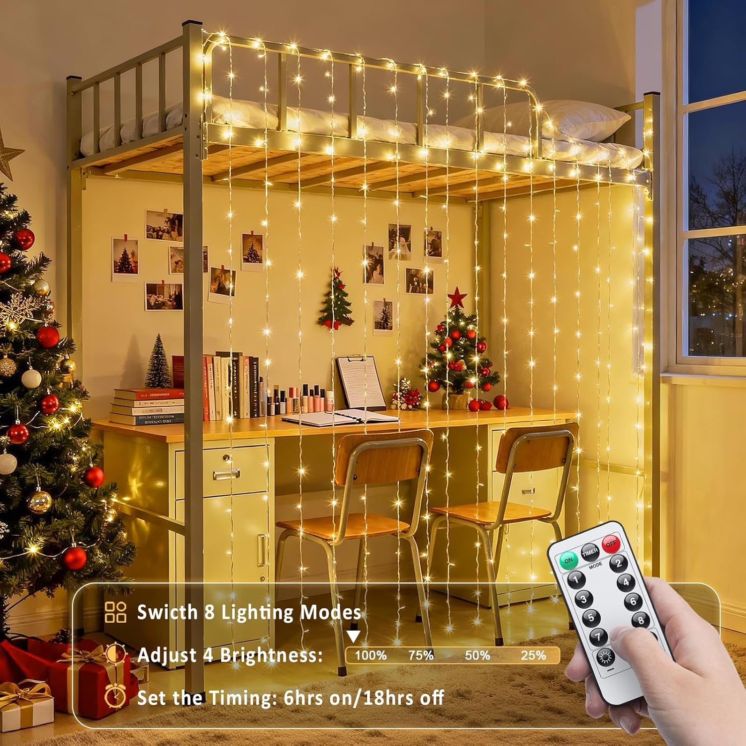 200 LED Christmas Curtain Lights for Bedroom, Warm White Hanging Curtain String Lights Indoor, USB Plug in Christmas Twinkle Lights with Remote for Wall Backdrop Wedding Party Decor