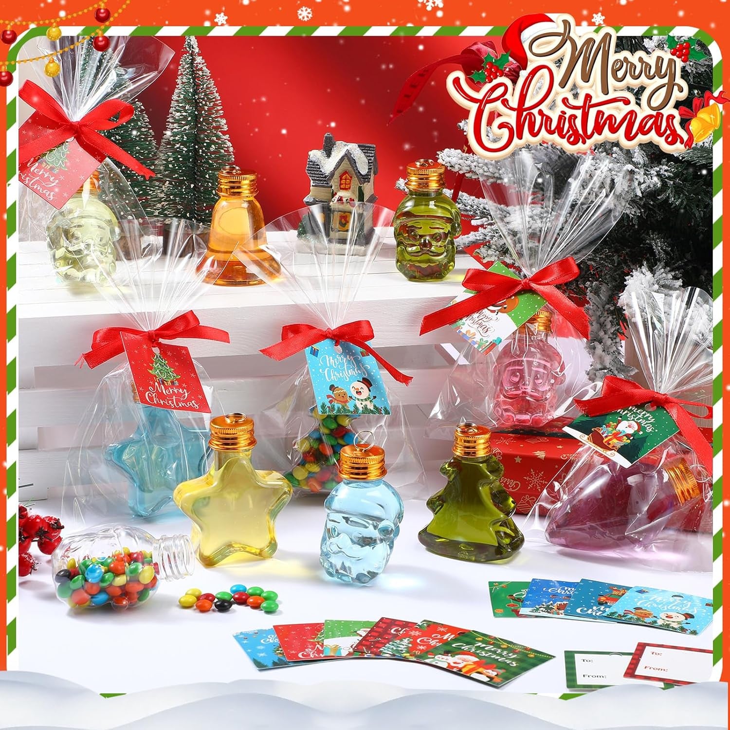 24 Sets Christmas Fillable Balls Bottles Christmas Tree Ornaments with Tags Ribbons DIY Fillable Balls Candy Servers Plastic Santa Claus Bulb Hanging Ornaments Xmas Winter Holiday Party Favors