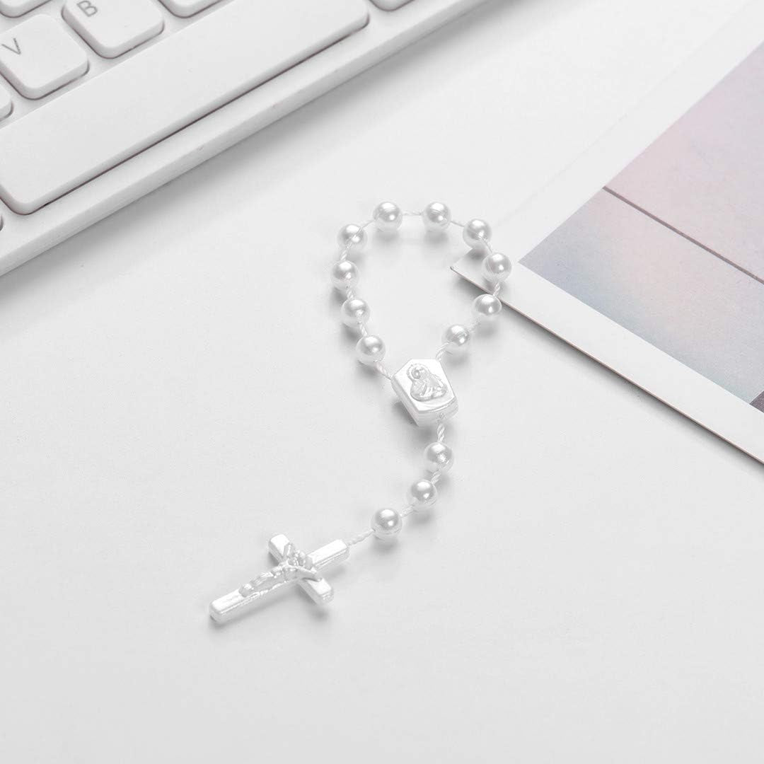 24 Pieces Baptism Rosary Acrylic Rosary Beads Mini Rosaries with Angel for the First Communion Baptism Party Favors (White)