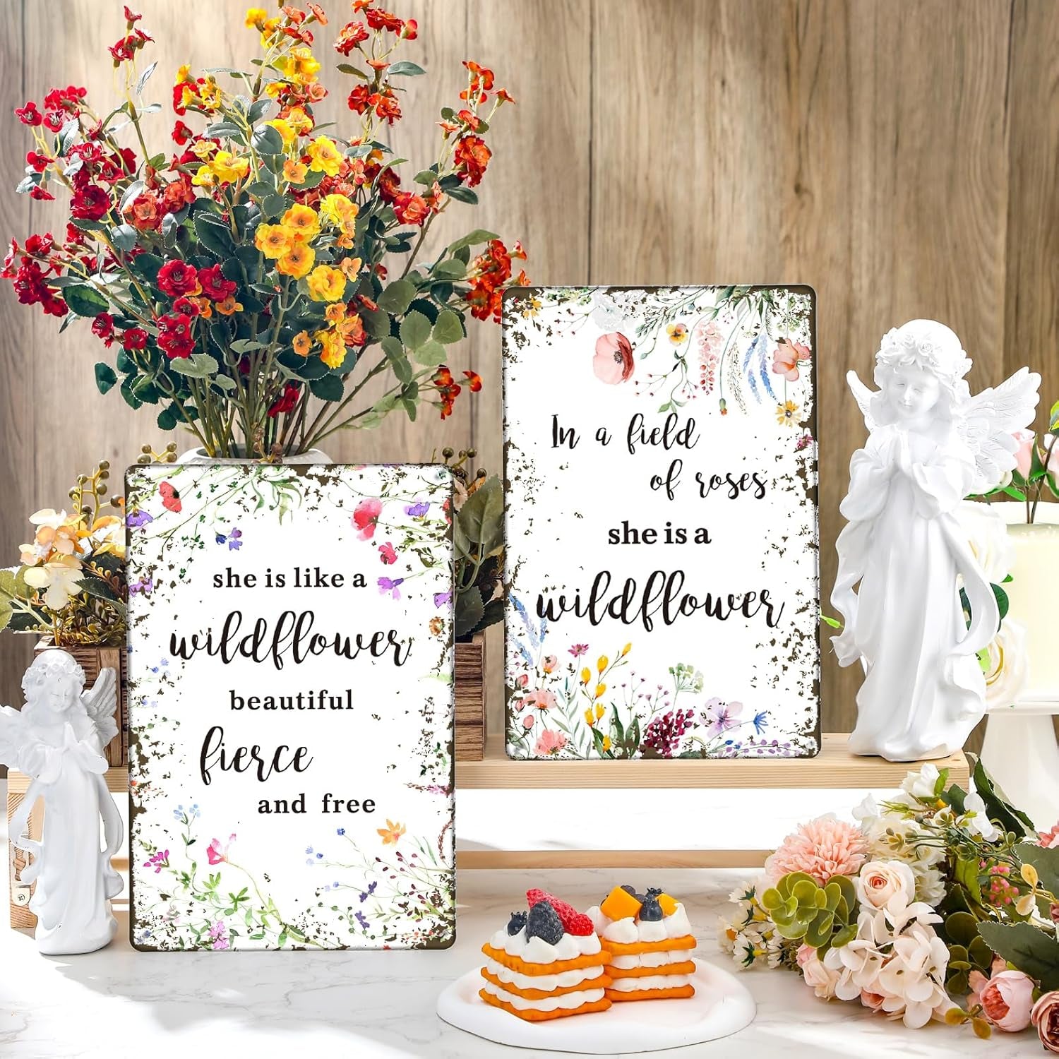 2 Pcs Vintage Wildflower Metal Tin Sign Wild Flower Baby Shower Party Decoration She Is like a Wildflower Beautiful Fierce and Free Funny Tin Sign for Birthday Baby Shower Nursery Decor