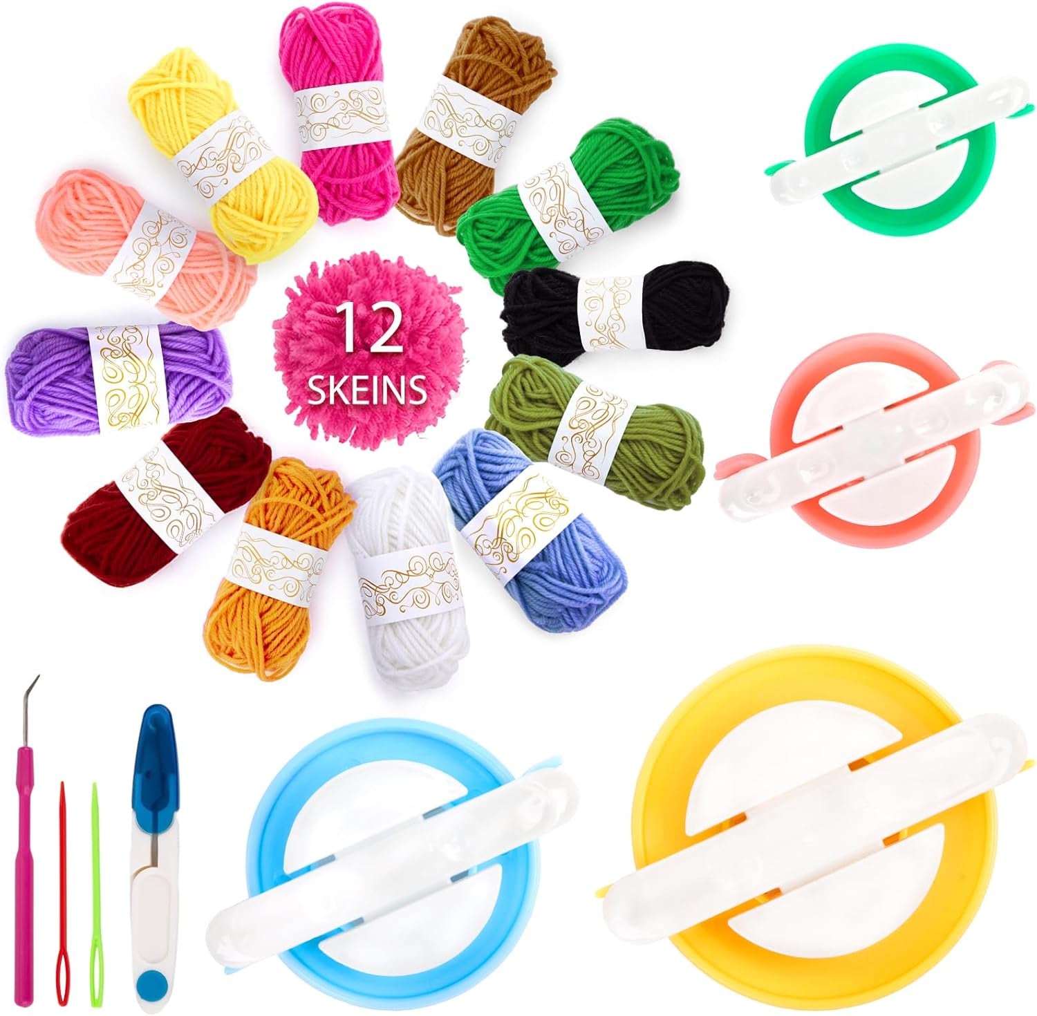20PCS Pom Pom Maker Craft Kit, for Winter Hat & Scarf, with 12 Colorful Yarns, 4 Size Knitting Makers, DIY Christmas Gifts for Kids & Adults Beginners