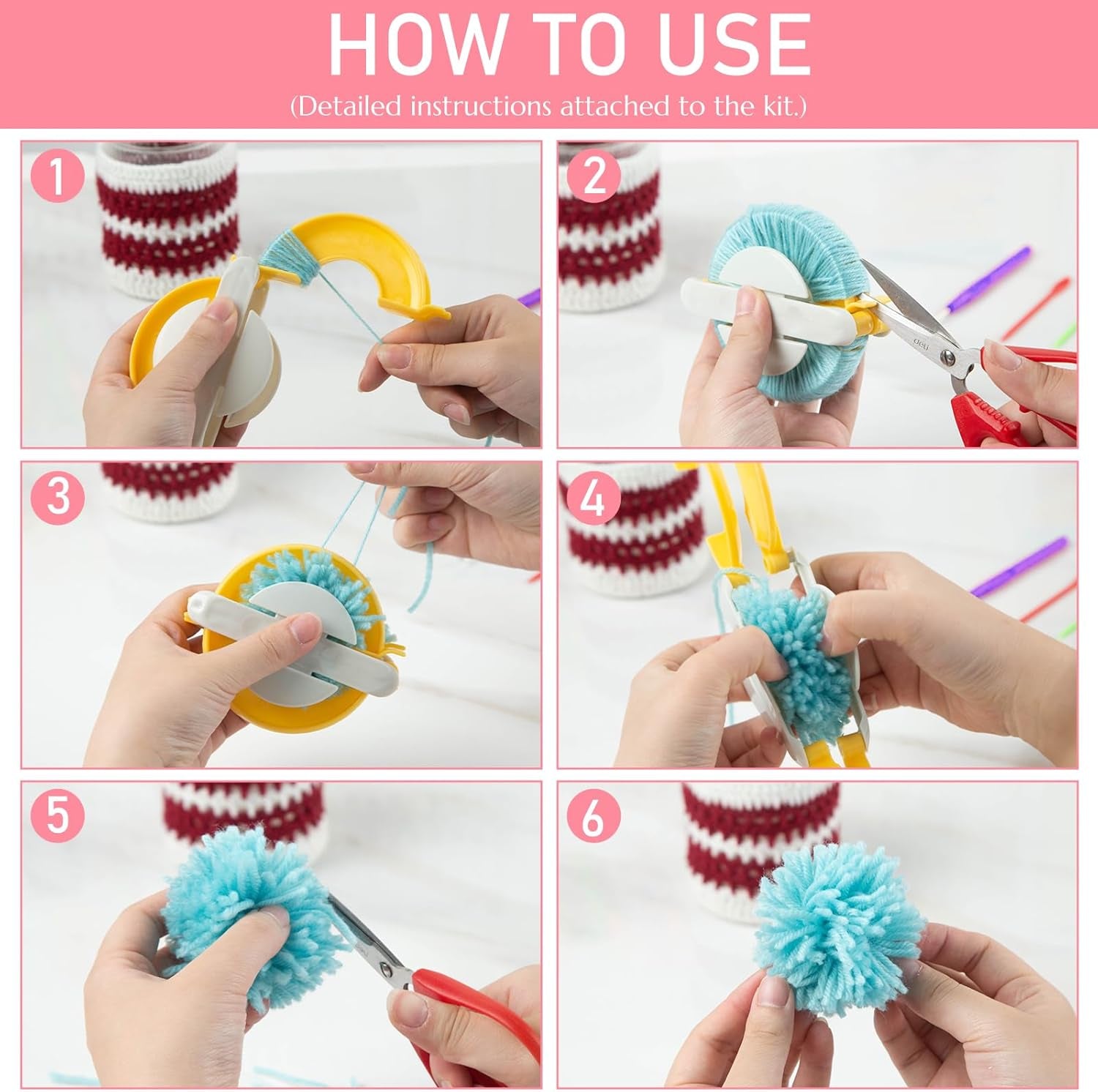 20PCS Pom Pom Maker Craft Kit, for Winter Hat & Scarf, with 12 Colorful Yarns, 4 Size Knitting Makers, DIY Christmas Gifts for Kids & Adults Beginners