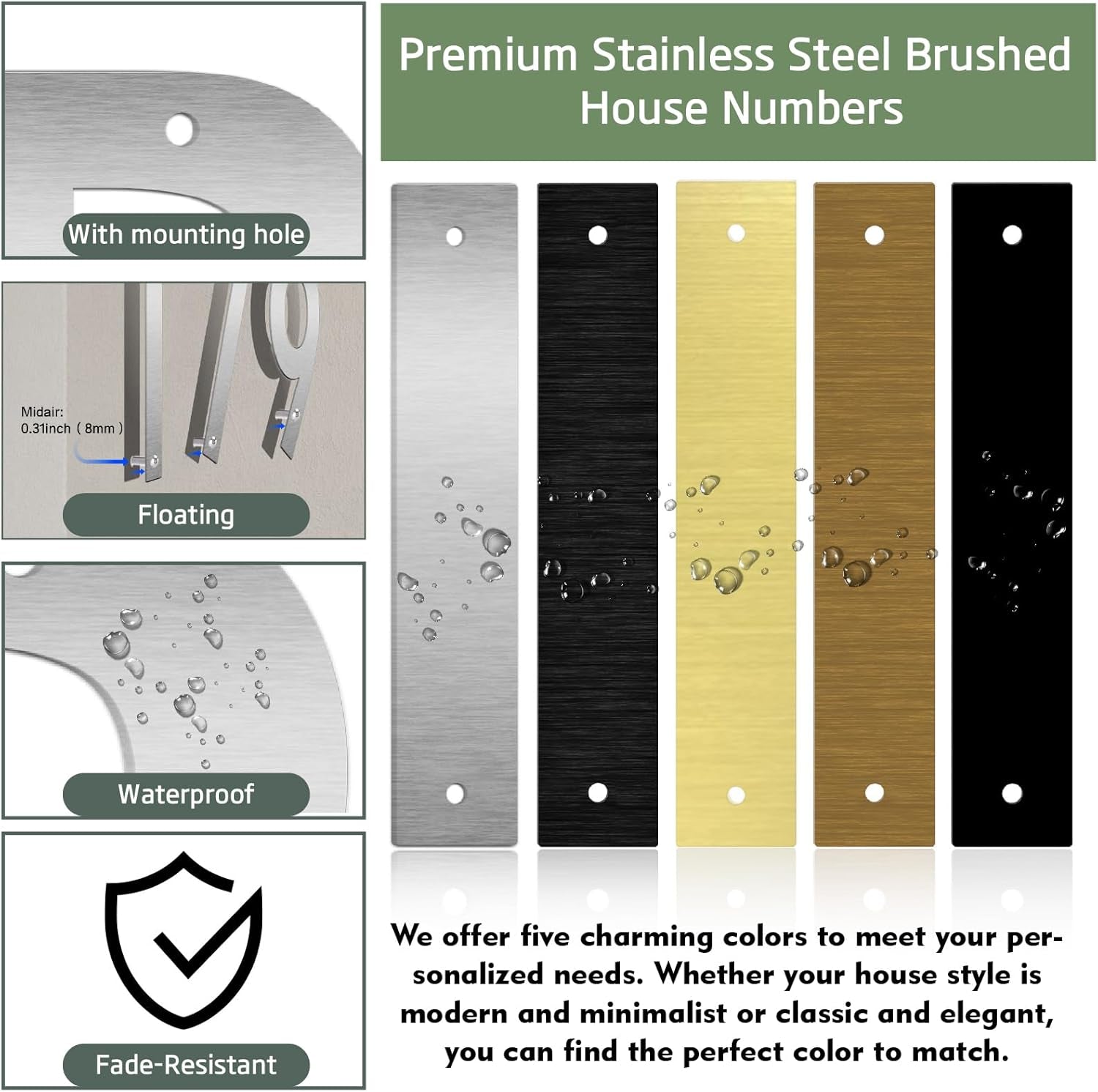 2.5 Inches Stainless Steel Floating Door Numbers and Metal Letters – Modern Gold Metal House and Mailbox Numbers, Sleek House Address Plaques for Home, Apartment, and Garden Decor(Gold) (4）