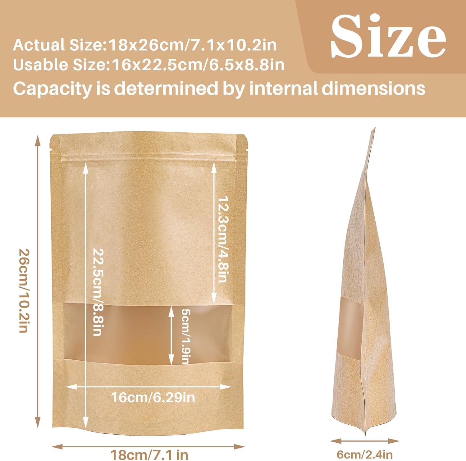 24 Stand up Pouches Bags - 7"×10" Resealable Ziplock Kraft Paper Bags with Window Food Packaging Homemade Bagel Bread Cookie Candy Tea Herb Spice Coffee Jerky Dog Treat Small Business