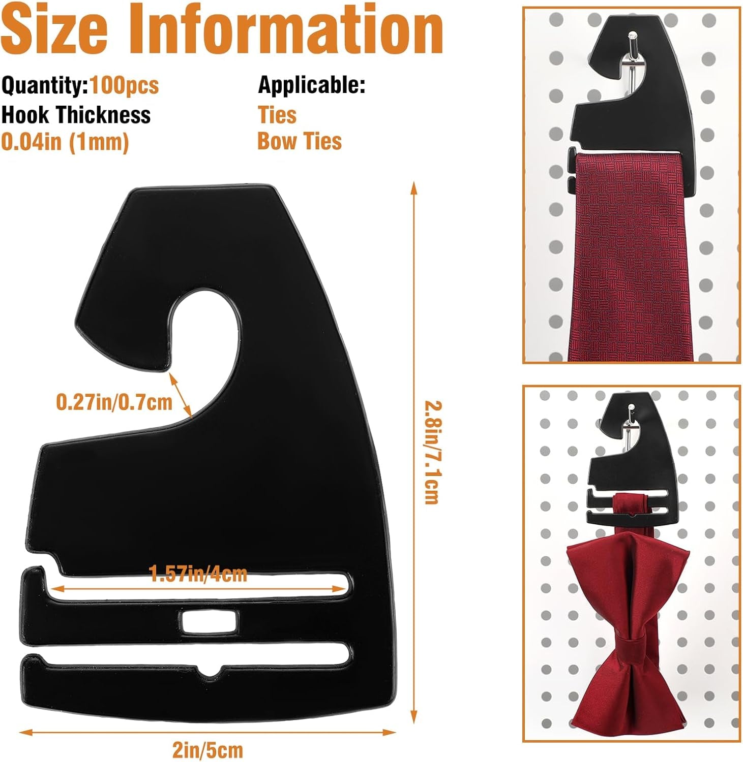 100 Pcs Tie Hangers, Plastic Neck Tie Holders for Display, Black Necktie Hook Hangers for Men Retail Closet, 2.8 X 2 Inches