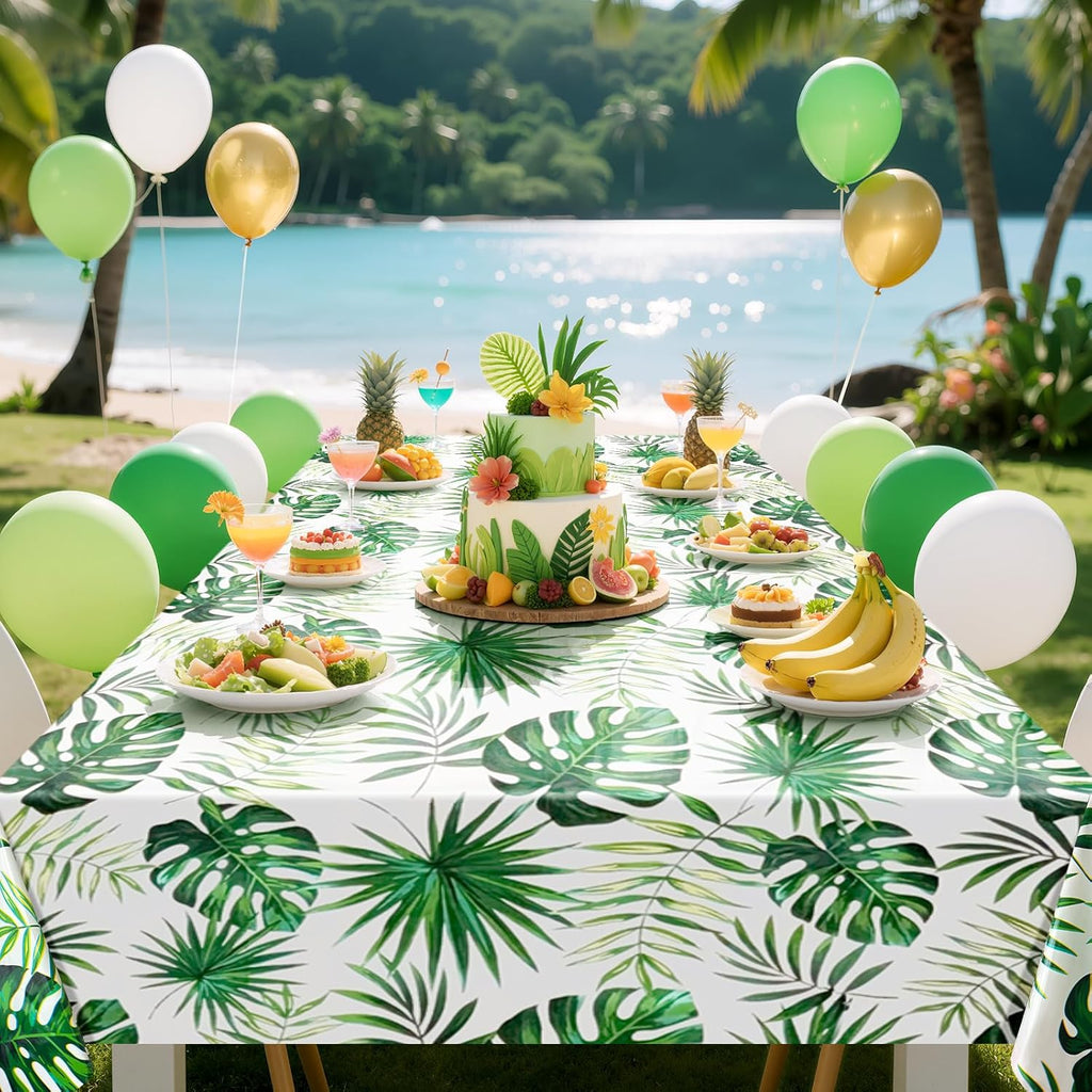 2 Pieces 54 X 108 Inch Hawaii Palm Leaves Tablecloth Plastic Tropical Jungle Tablecover Rectangular Luau Safari Hawaiian Themed Birthday Party Decorations