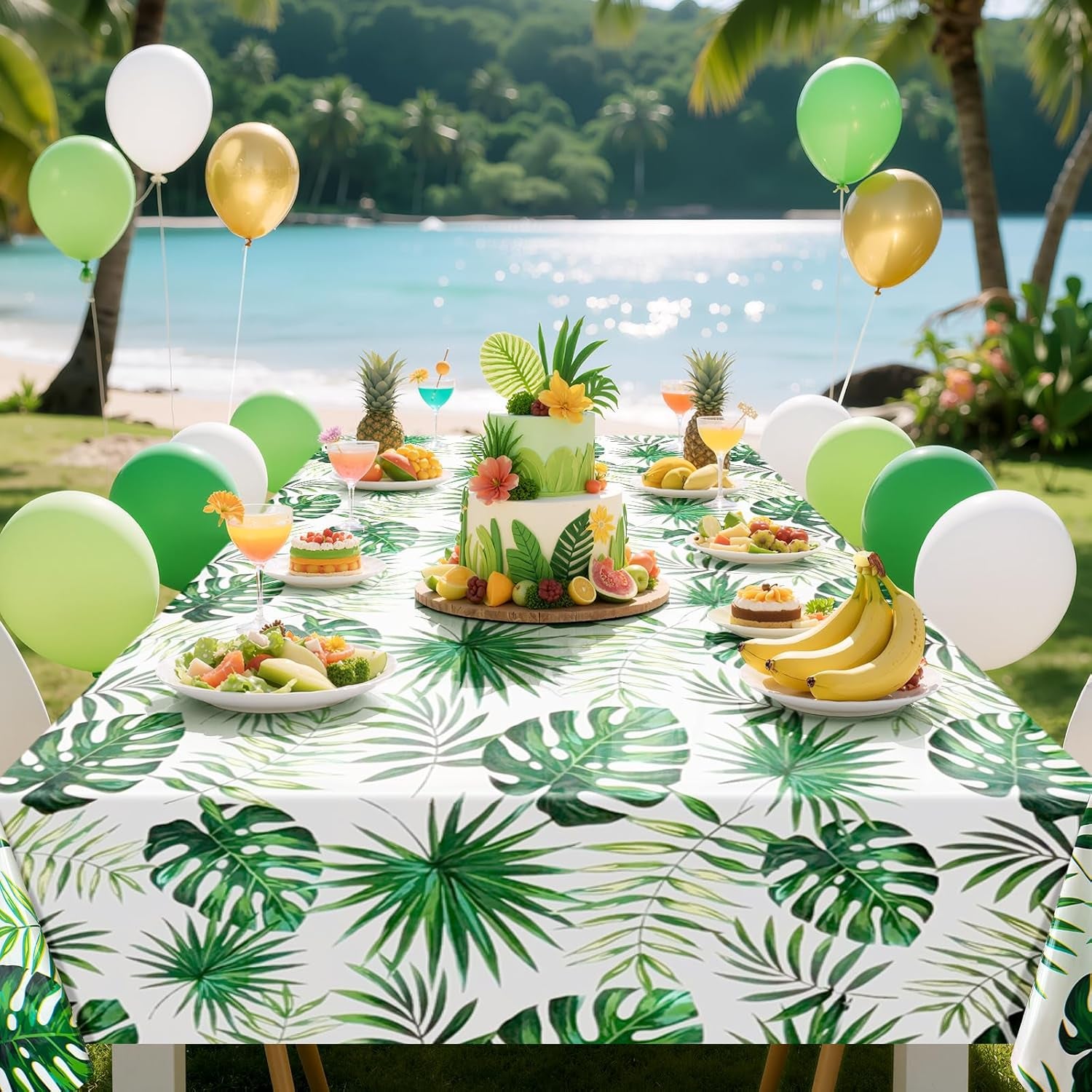 2 Pieces 54 X 108 Inch Hawaii Palm Leaves Tablecloth Plastic Tropical Jungle Tablecover Rectangular Luau Safari Hawaiian Themed Birthday Party Decorations