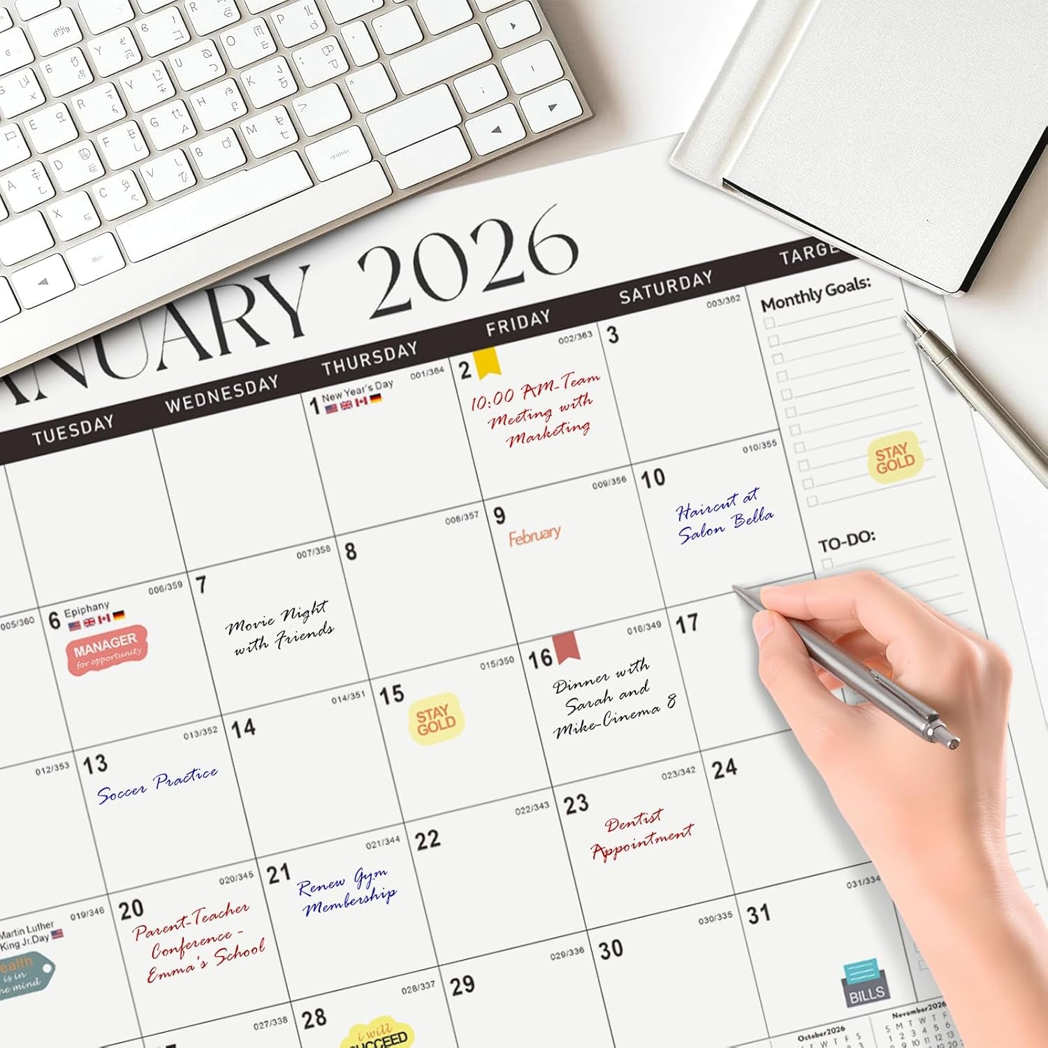 2026 Desk Calendar, Large Desk Calendar 22" X 17" (Jan 2026 - Jun 2027) Monthly Desktop Wall Planner for Family Teacher School Office Supplies, Black-White