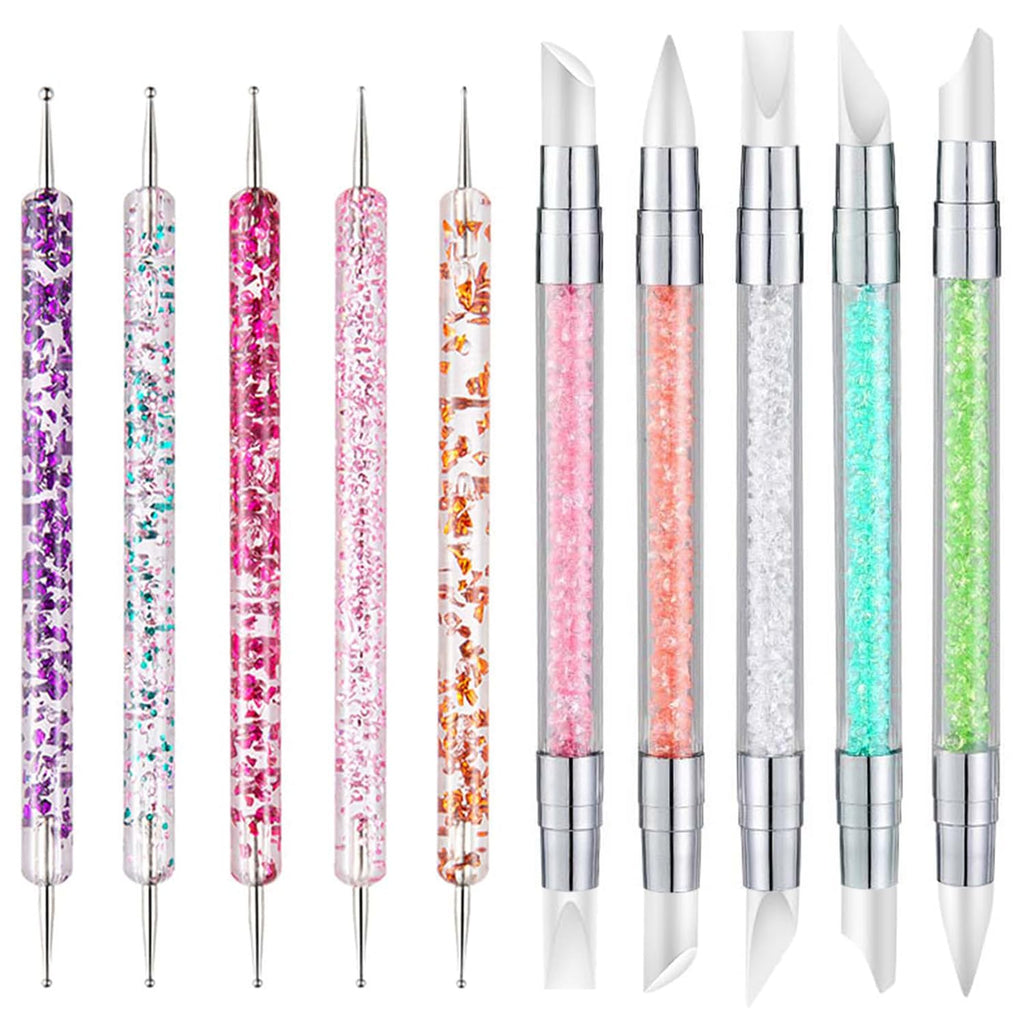 10PCS Nail Art Gel Carving Pen Acrylic Dotting Pen Rhinestone Handle Double-Ended Silicone Brushes for Design Nail Foil Carving Drawing and 3D Effect Shaping Drawing Dotting Tools