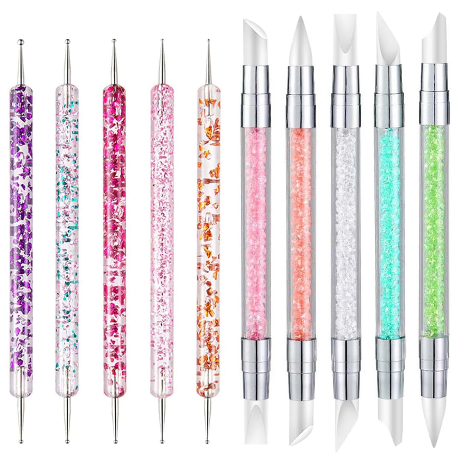 10PCS Nail Art Gel Carving Pen Acrylic Dotting Pen Rhinestone Handle Double-Ended Silicone Brushes for Design Nail Foil Carving Drawing and 3D Effect Shaping Drawing Dotting Tools