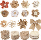 16 PCS Natural Burlap Flowers Set, Including 12 PCS Handmade Lace Burlap Flowers and Bowknots, 4 Rolls Burlap Ribbon for Christmas Birthday Party Wedding Home Embellishment DIY Crafts